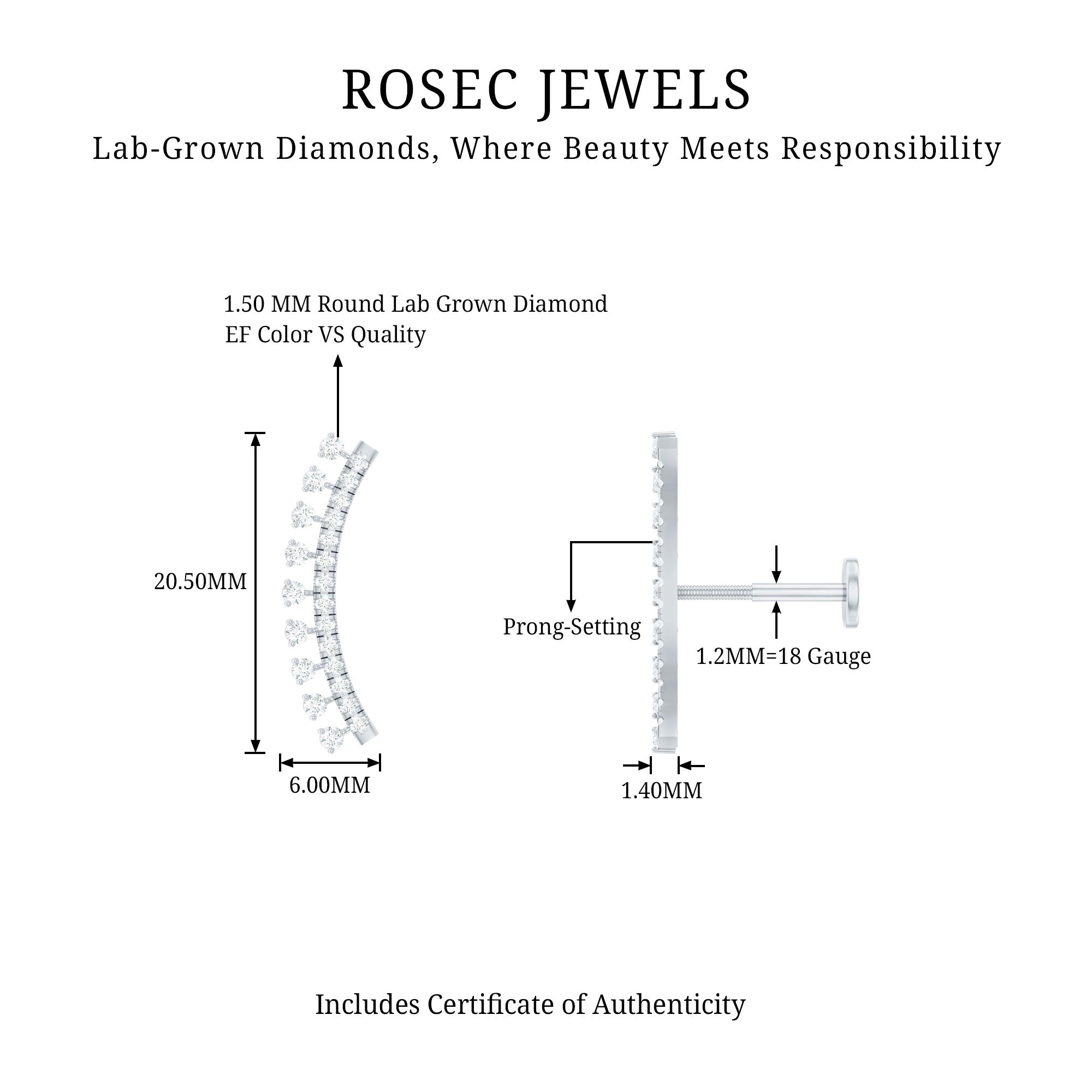 Minimal Diamond Crawler Earring for Cartilage Piercing Lab - ( EF-VS ) - Rosec Jewels