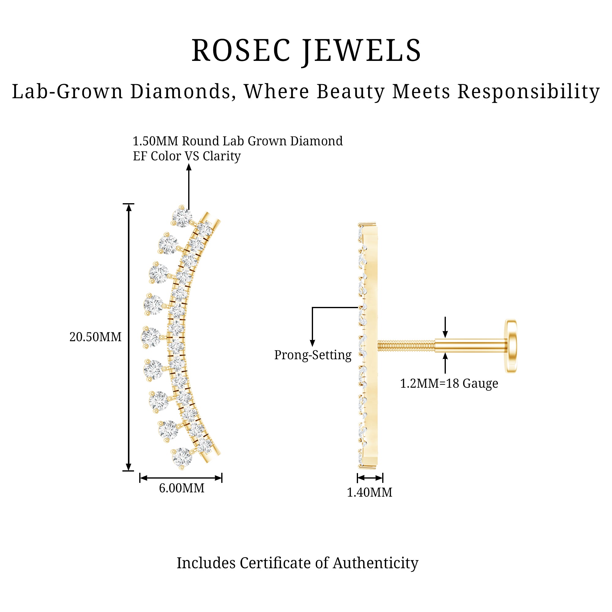 Minimal Diamond Crawler Earring for Cartilage Piercing Lab - ( EF-VS ) - Rosec Jewels