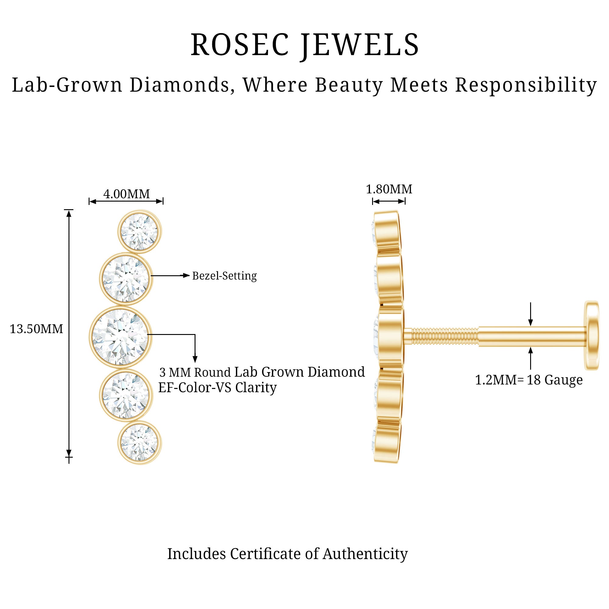 Graduated Style Diamond Crawler Earring for Helix Piercing Lab - ( EF-VS ) - Rosec Jewels