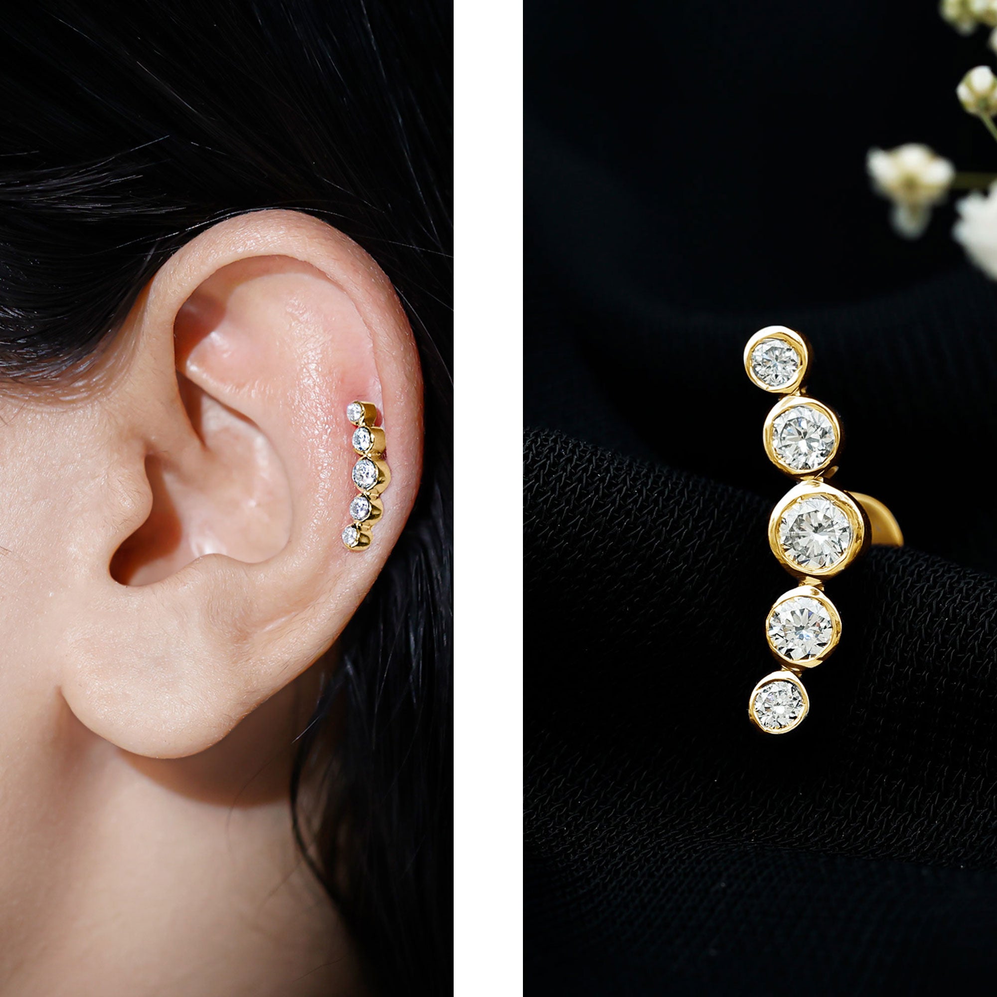 Graduated Style Diamond Crawler Earring for Helix Piercing Lab - ( EF-VS ) - Rosec Jewels