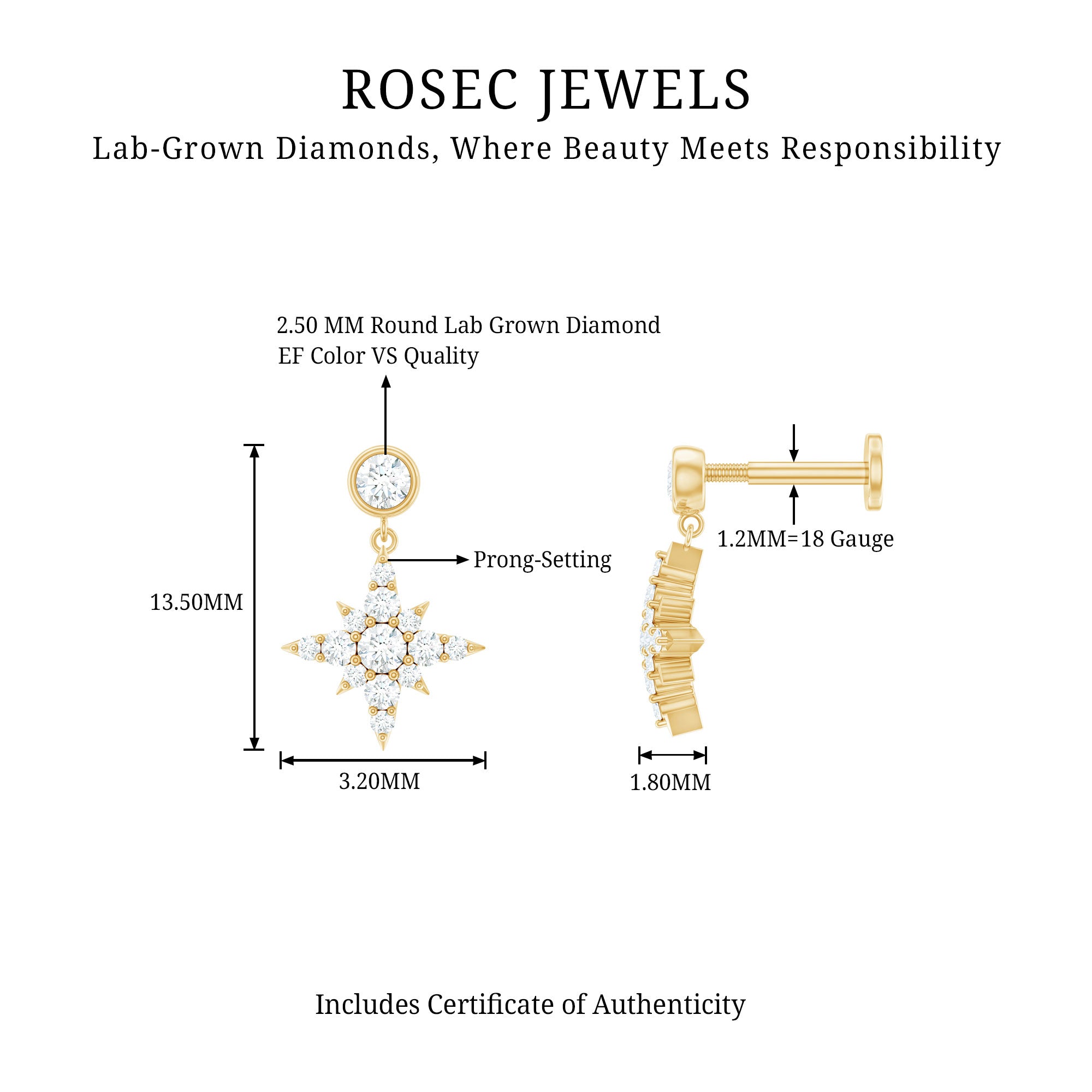 Certified Diamond Starburst Drop Earring for Helix Piercing Lab - ( EF-VS ) - Rosec Jewels