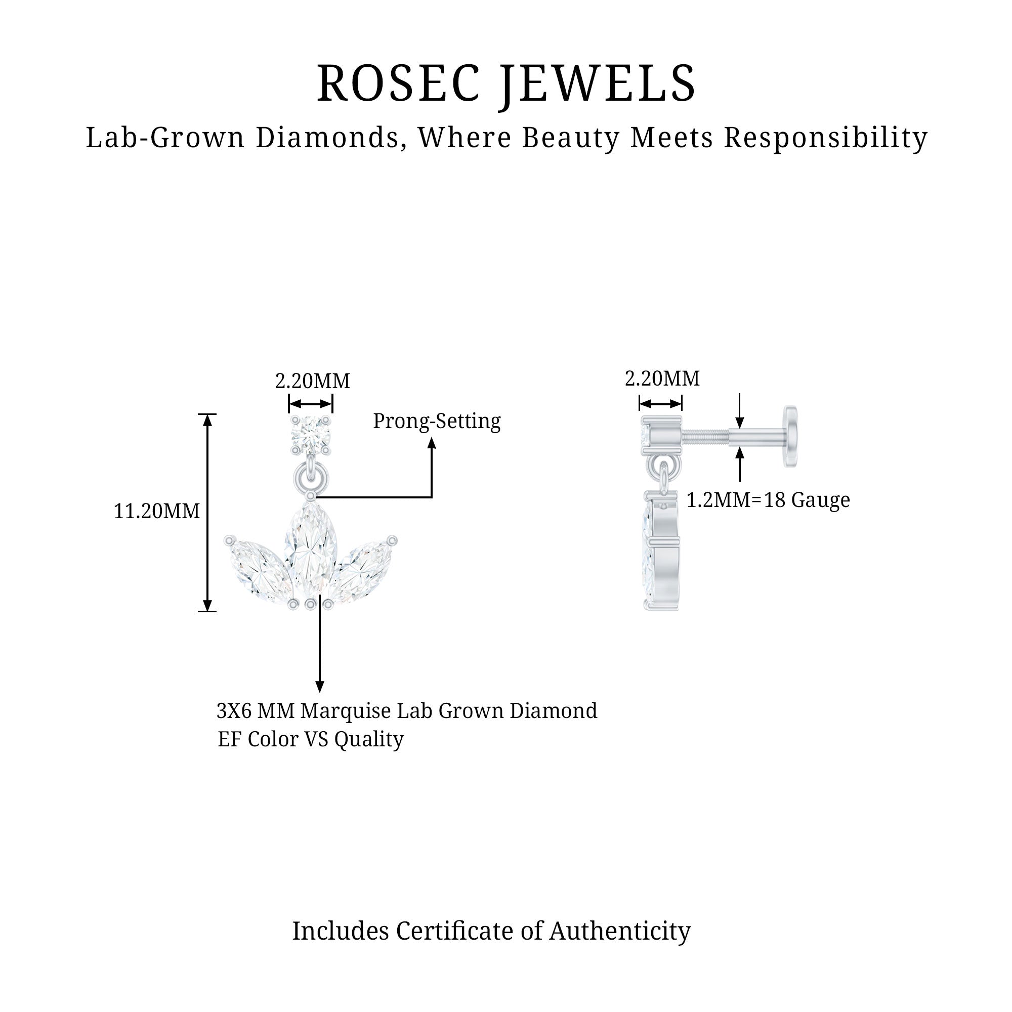 Marquise Diamond Lotus Cartilage Drop Earring Lab - ( EF-VS ) - Rosec Jewels