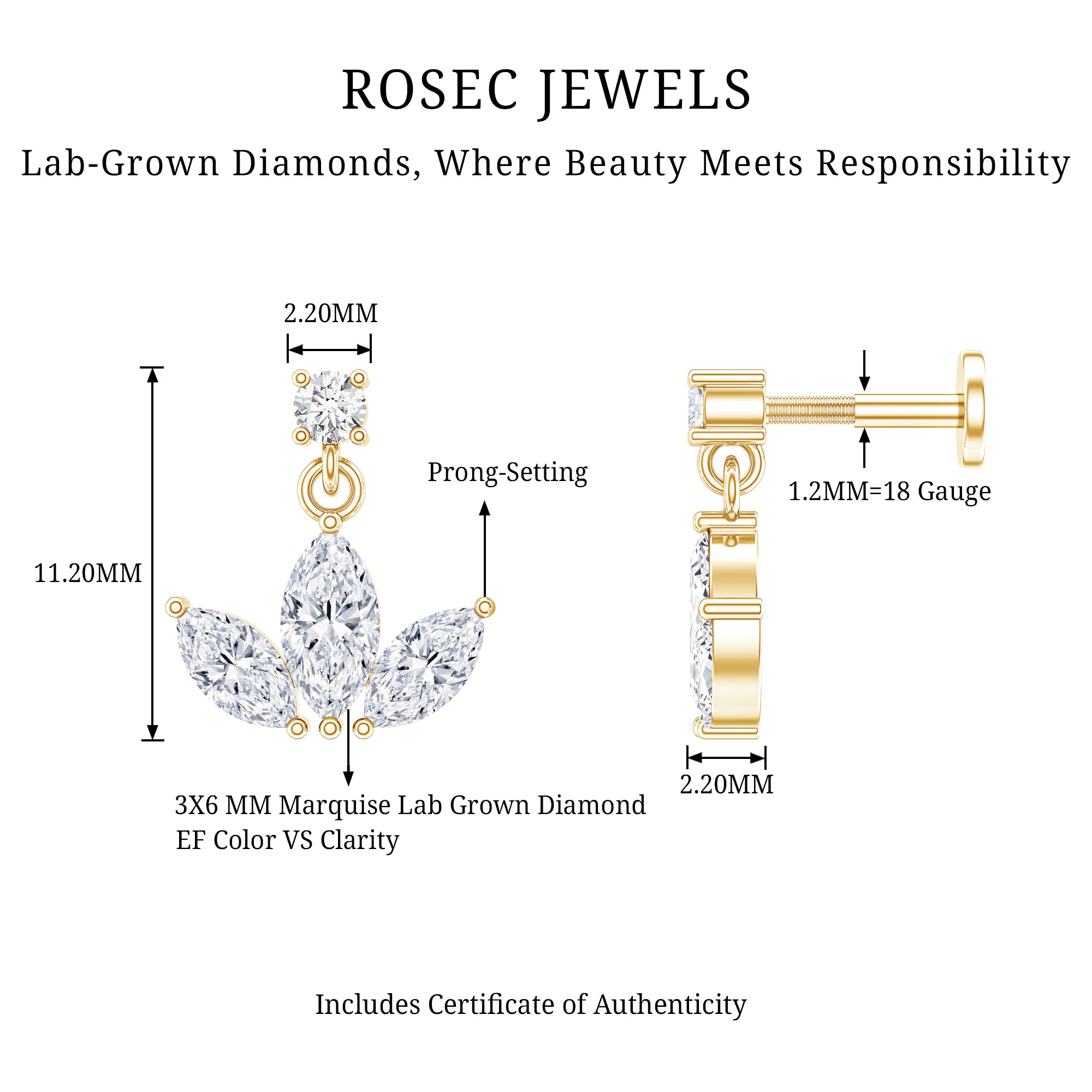Marquise Diamond Lotus Cartilage Drop Earring Lab - ( EF-VS ) - Rosec Jewels