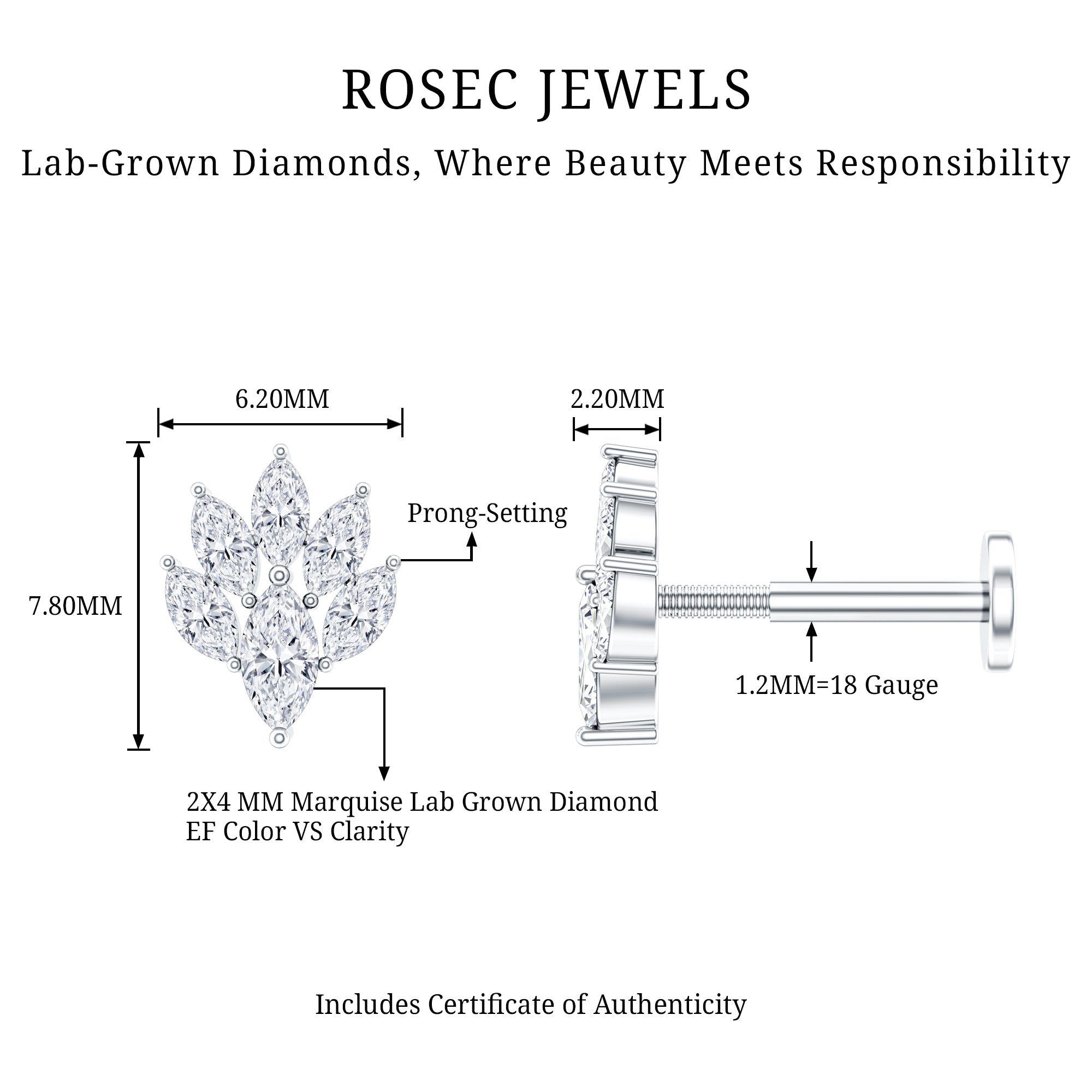 Marquise Diamond Leaf Cluster Helix Earring Lab - ( EF-VS ) - Rosec Jewels