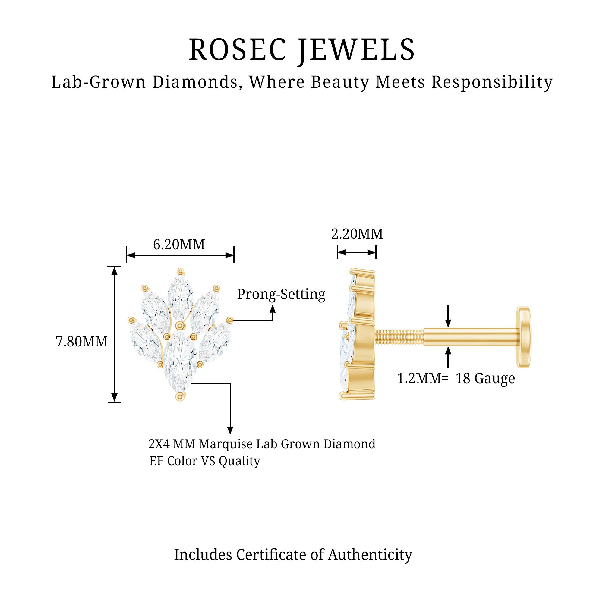 Marquise Diamond Leaf Cluster Helix Earring Lab - ( EF-VS ) - Rosec Jewels