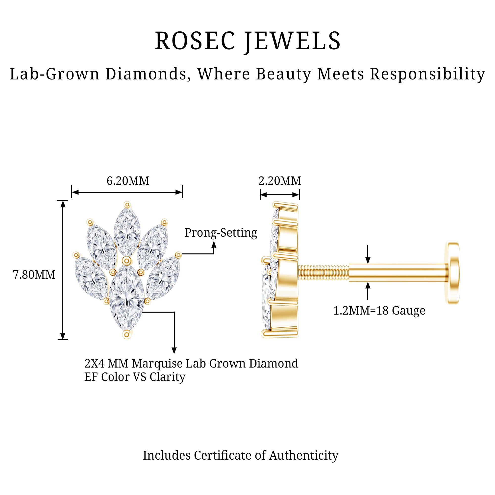 Marquise Diamond Leaf Cluster Helix Earring Lab - ( EF-VS ) - Rosec Jewels