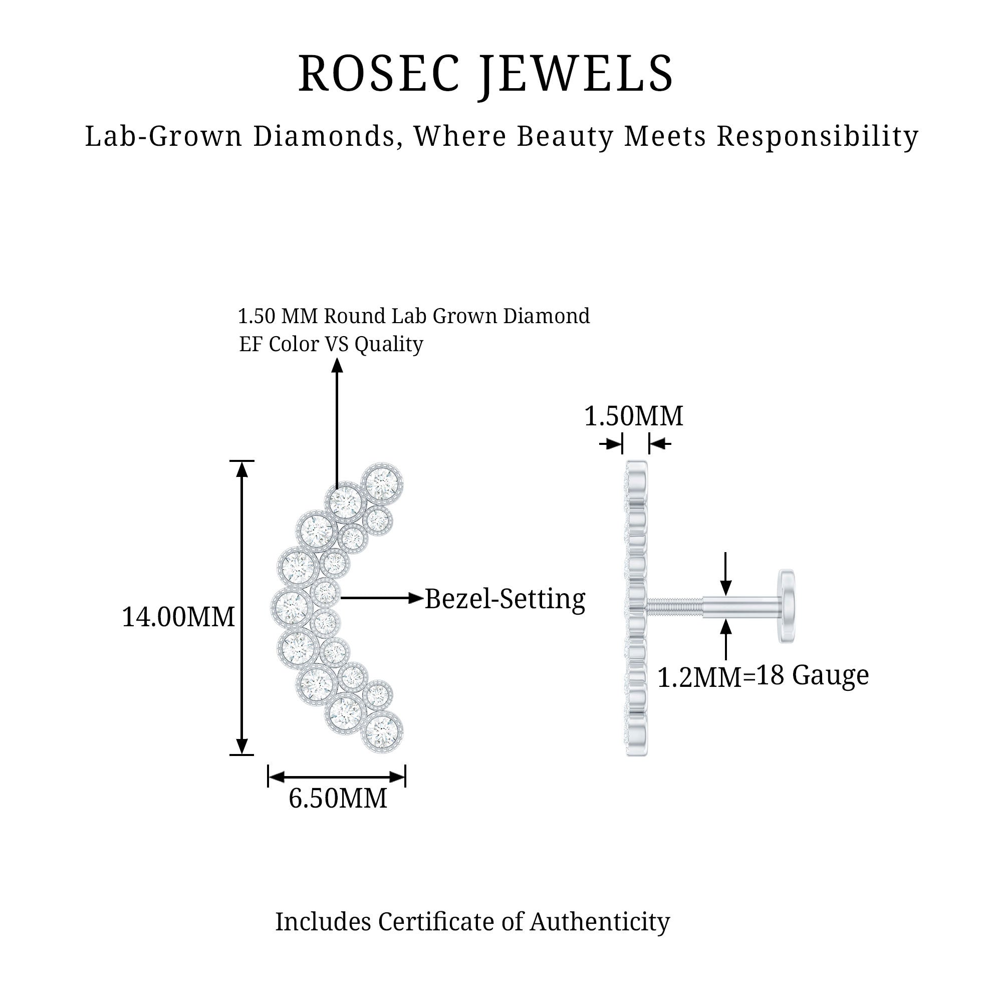 Diamond Curved Crawler Earring in Bezel Set Lab - ( EF-VS ) - Rosec Jewels