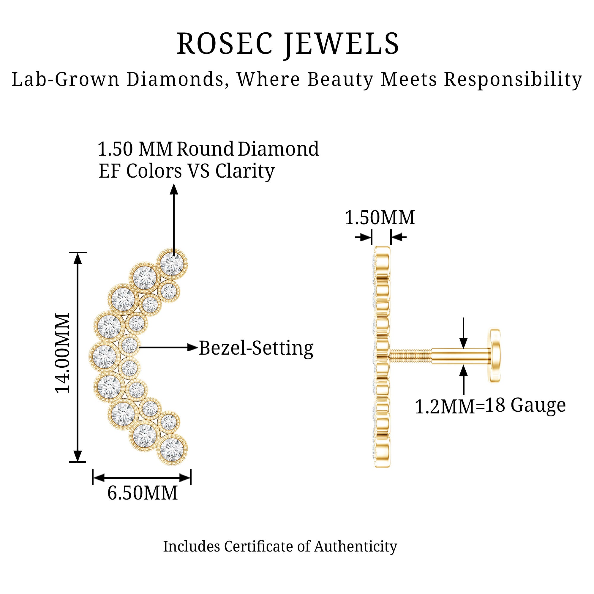 Diamond Curved Crawler Earring in Bezel Set Lab - ( EF-VS ) - Rosec Jewels