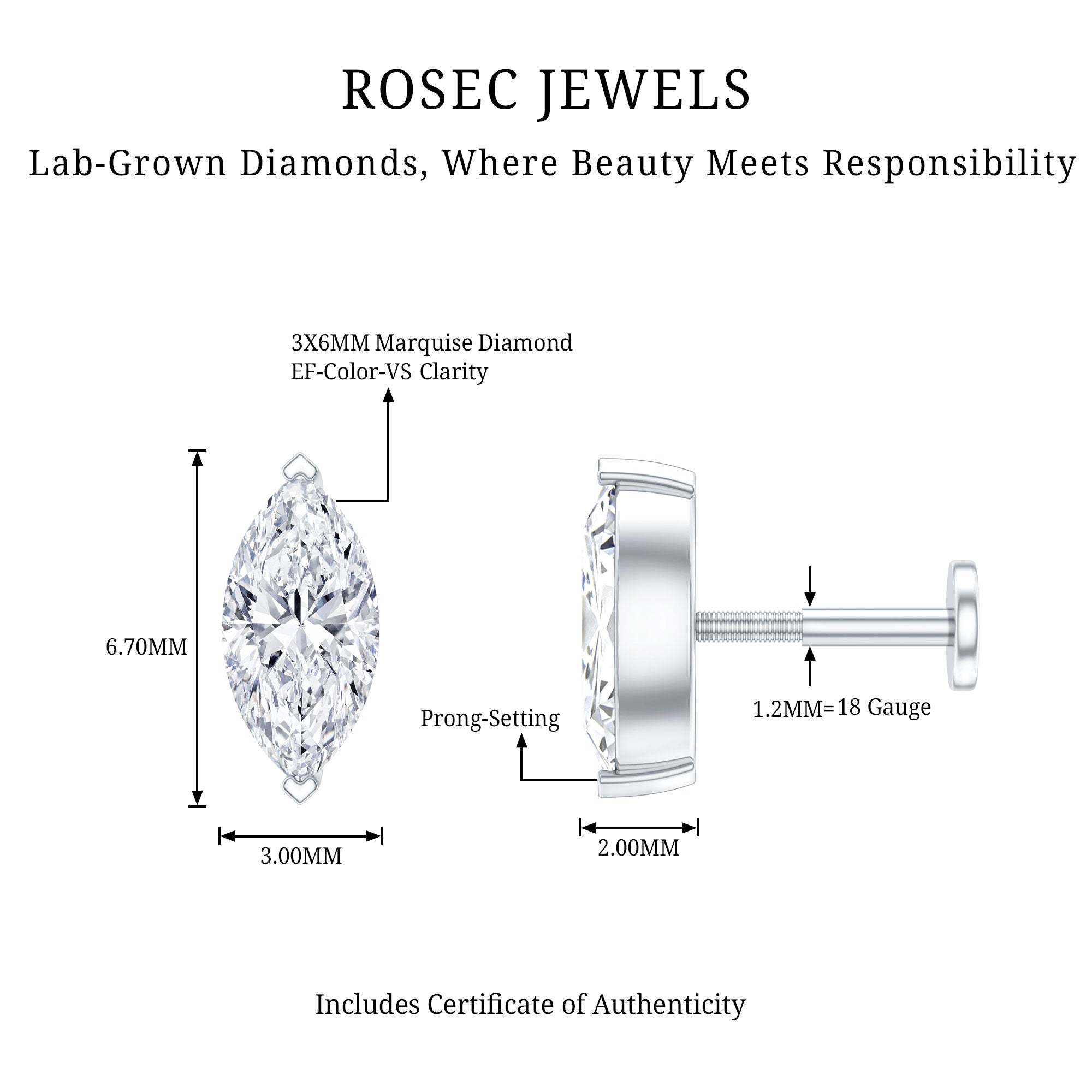 Marquise Diamond Solitaire Earring for Helix Piercing Lab - ( EF-VS ) - Rosec Jewels