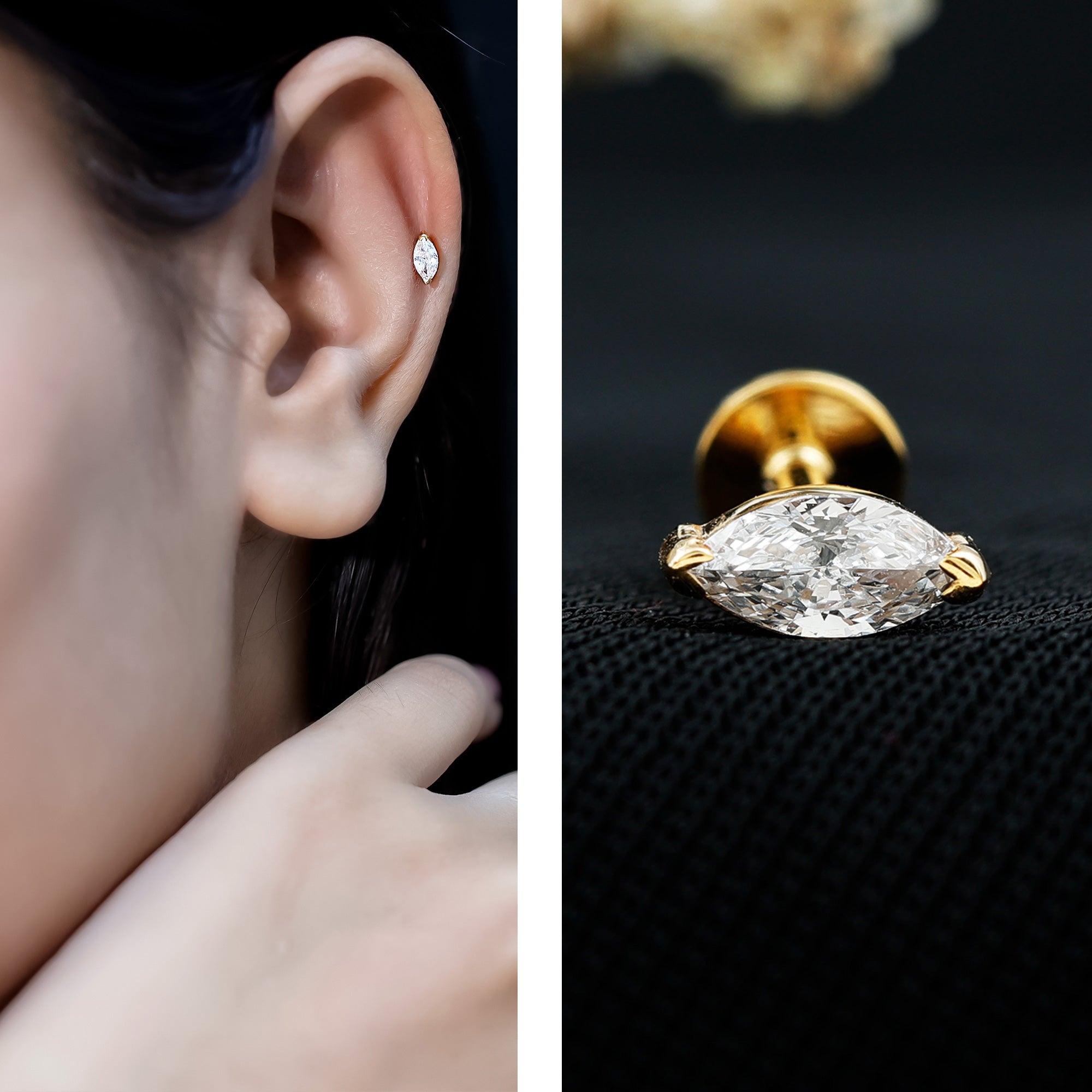 Marquise Diamond Solitaire Earring for Helix Piercing Lab - ( EF-VS ) - Rosec Jewels