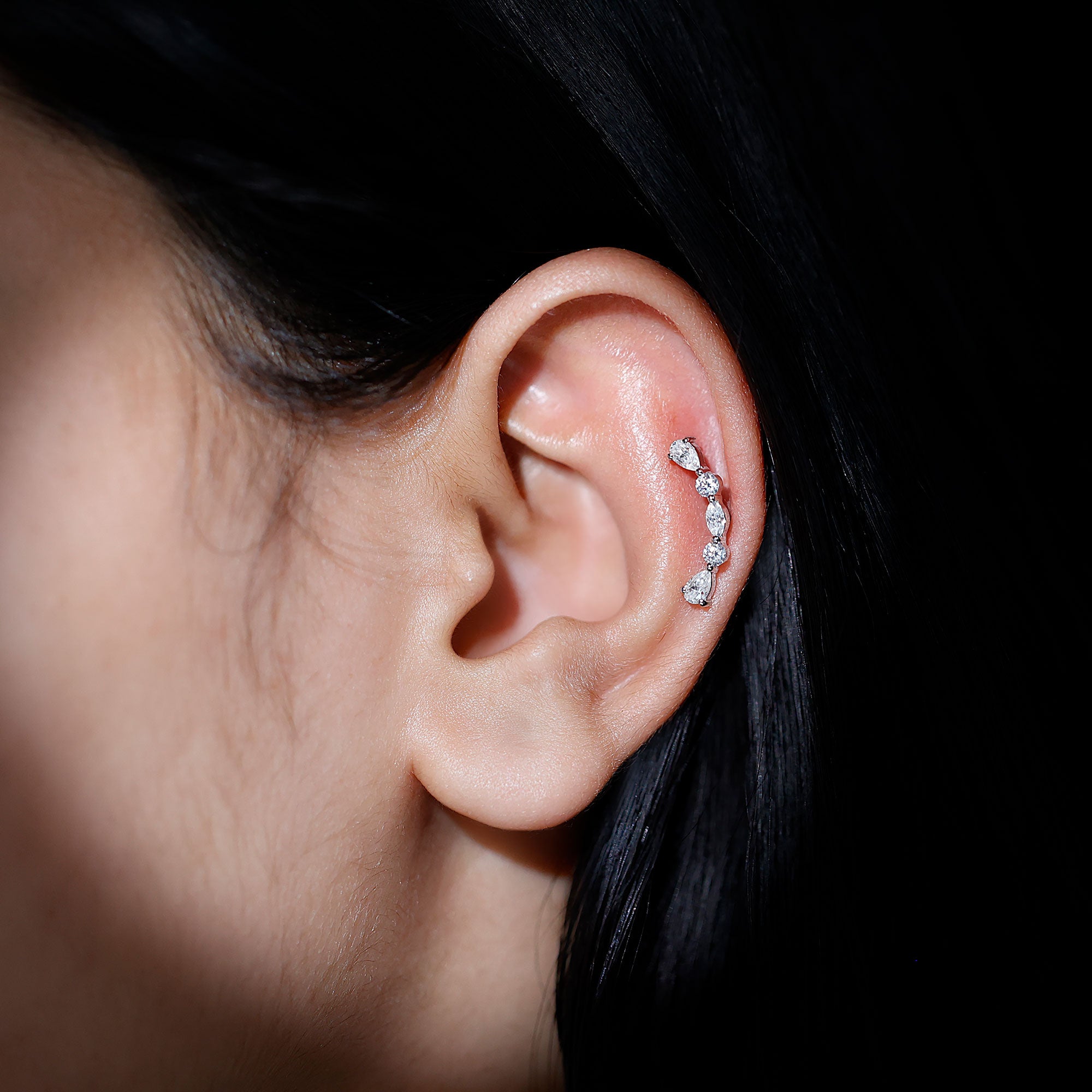 Simple Diamond Curved Crawler Earring for Helix Piercing Lab - ( EF-VS ) - Rosec Jewels