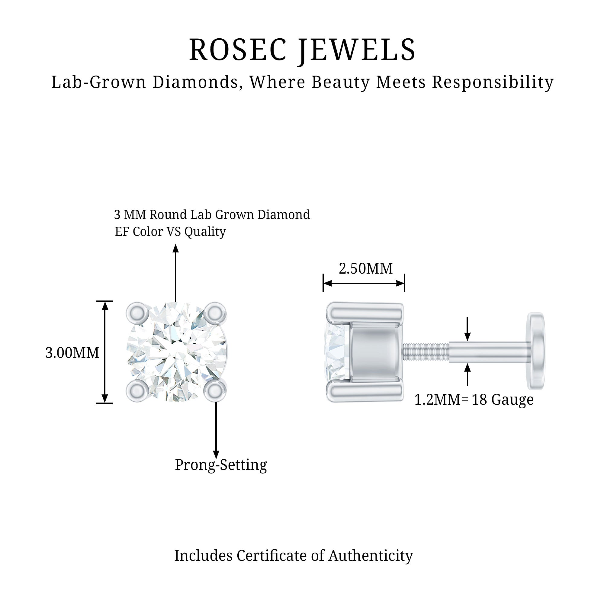 Minimalist Diamond Solitaire Tragus Earring Lab - ( EF-VS ) - Rosec Jewels