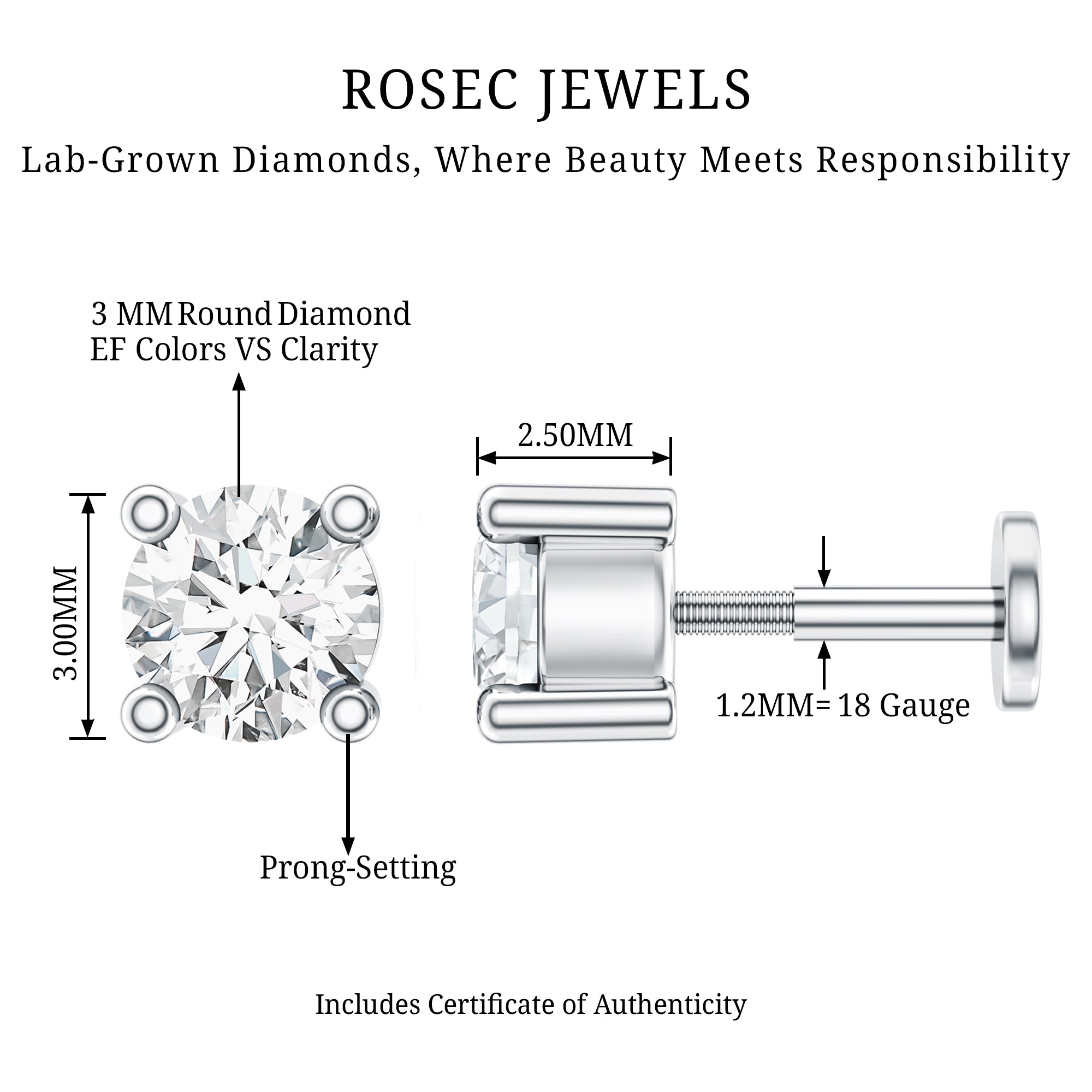 Minimalist Diamond Solitaire Tragus Earring Lab - ( EF-VS ) - Rosec Jewels