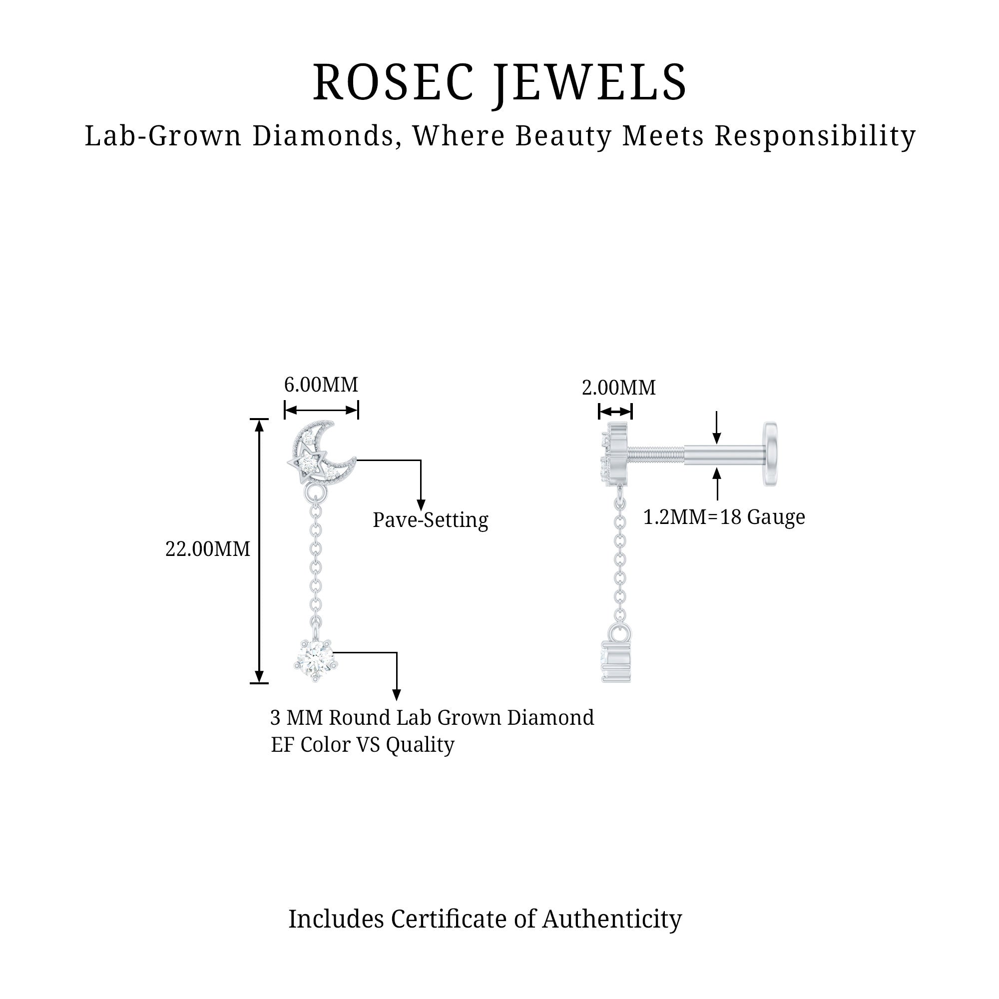 Diamond Moon Chain Earring for Helix Piercing Lab - ( EF-VS ) - Rosec Jewels