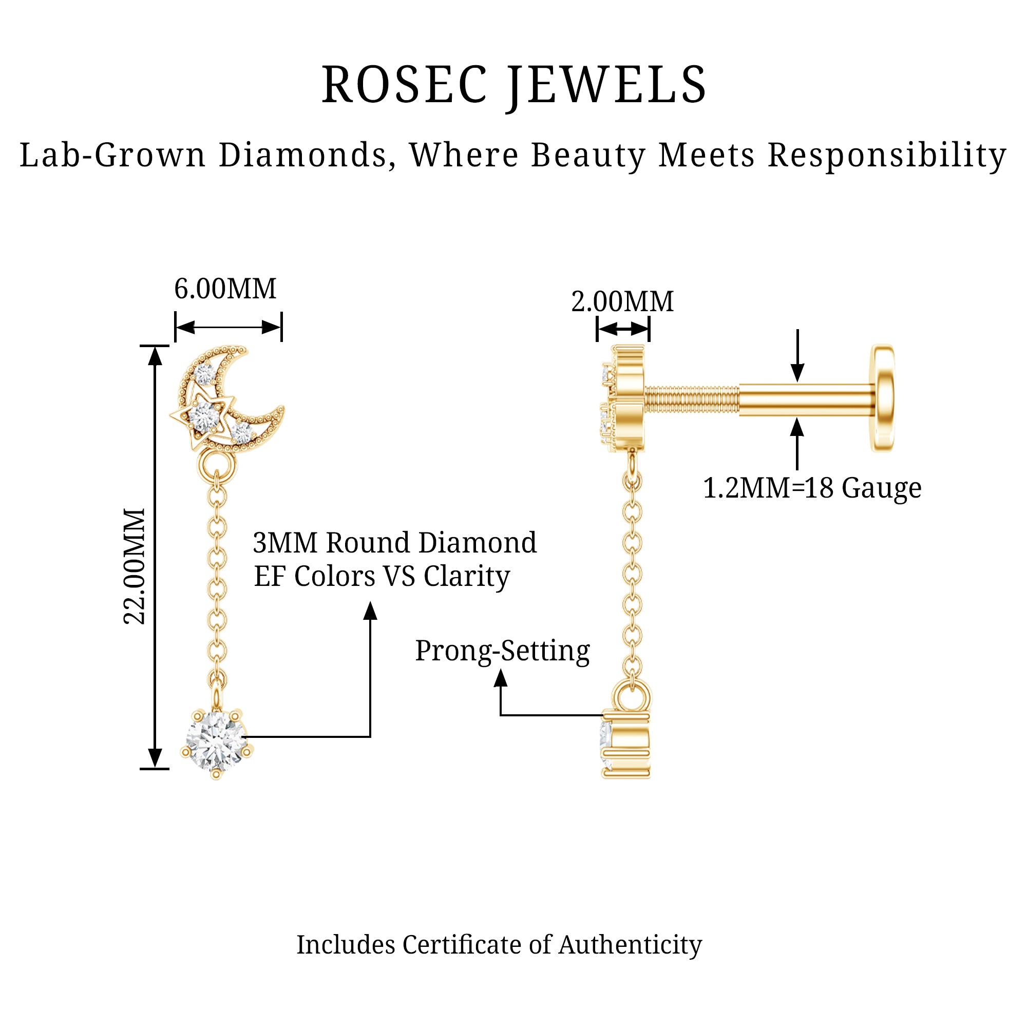 Diamond Moon Chain Earring for Helix Piercing Lab - ( EF-VS ) - Rosec Jewels