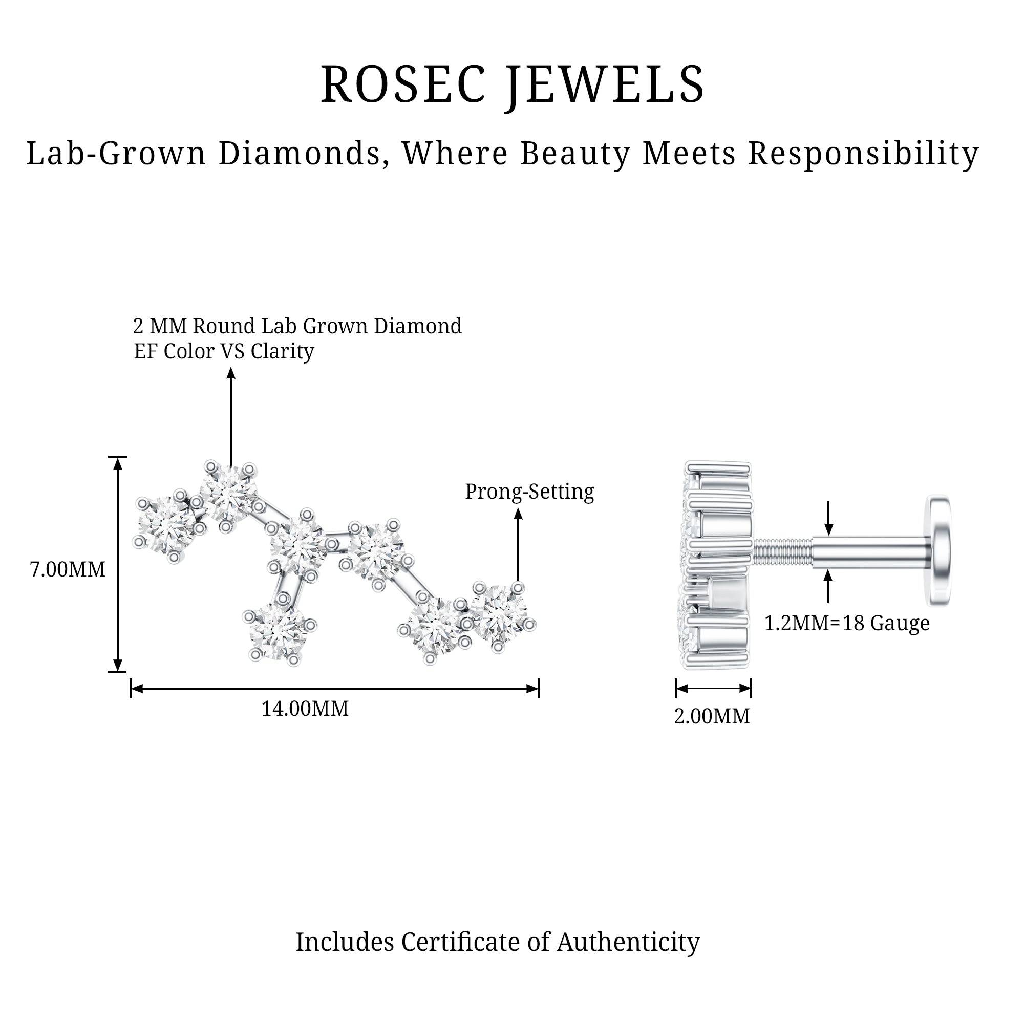 Diamond Leo Constellation Crawler Earring for Helix Piercing Lab - ( EF-VS ) - Rosec Jewels
