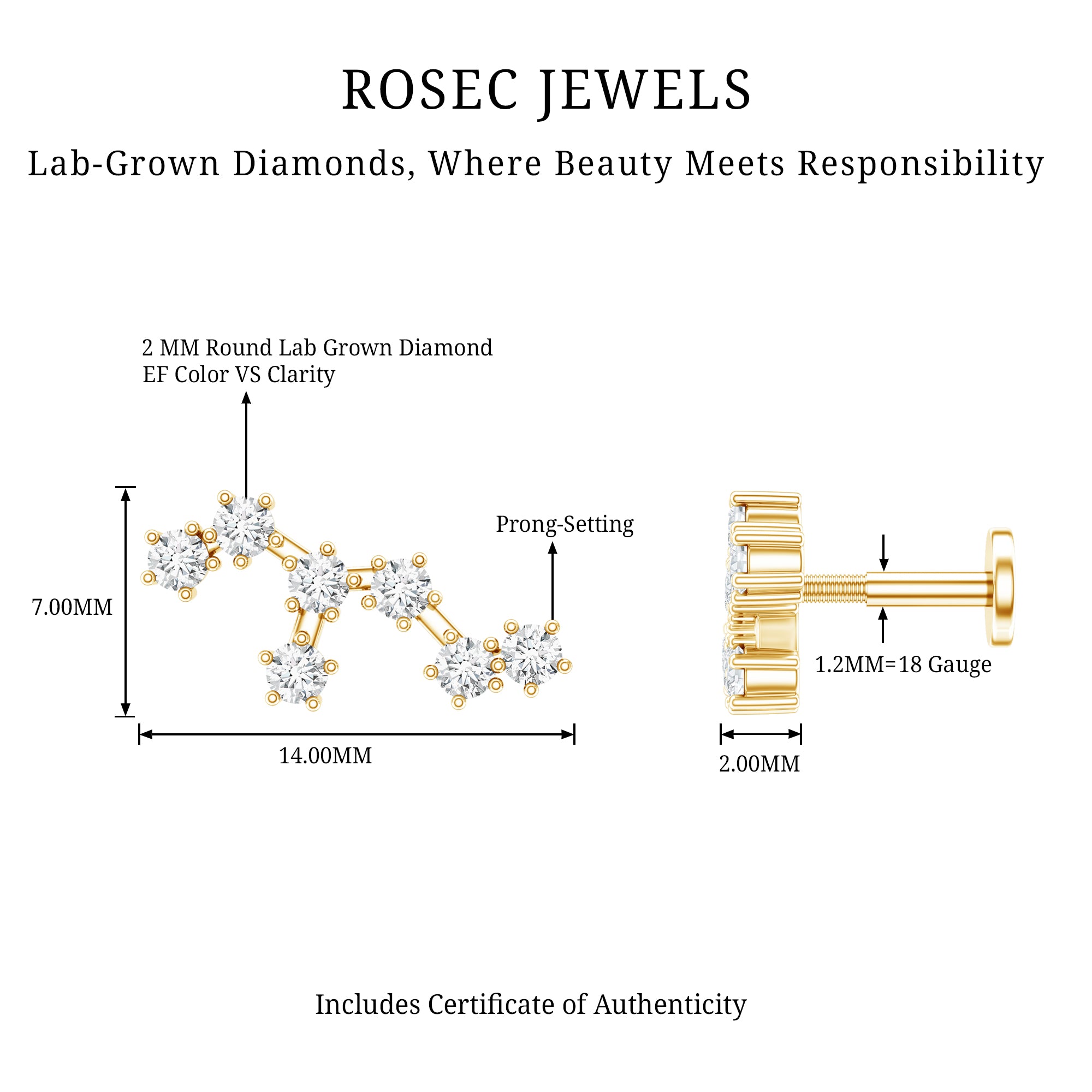 Diamond Leo Constellation Crawler Earring for Helix Piercing Lab - ( EF-VS ) - Rosec Jewels