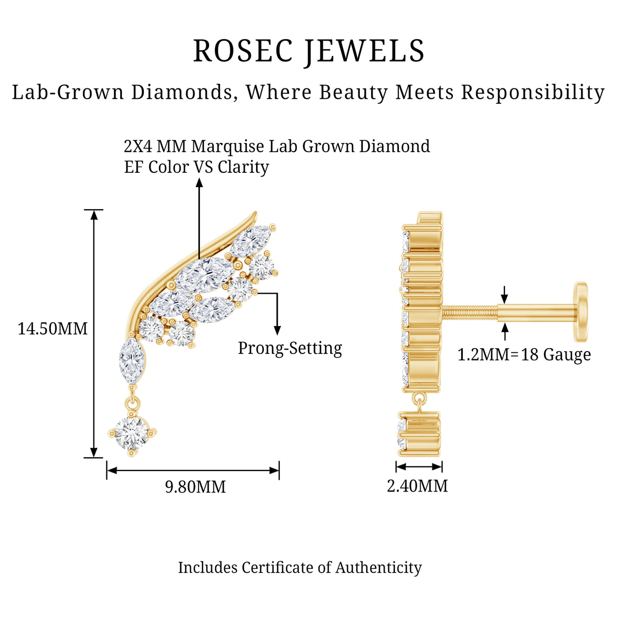 Brilliant Cut Diamond Wing Helix Drop Earring with Flat Back Lab - ( EF-VS ) - Rosec Jewels