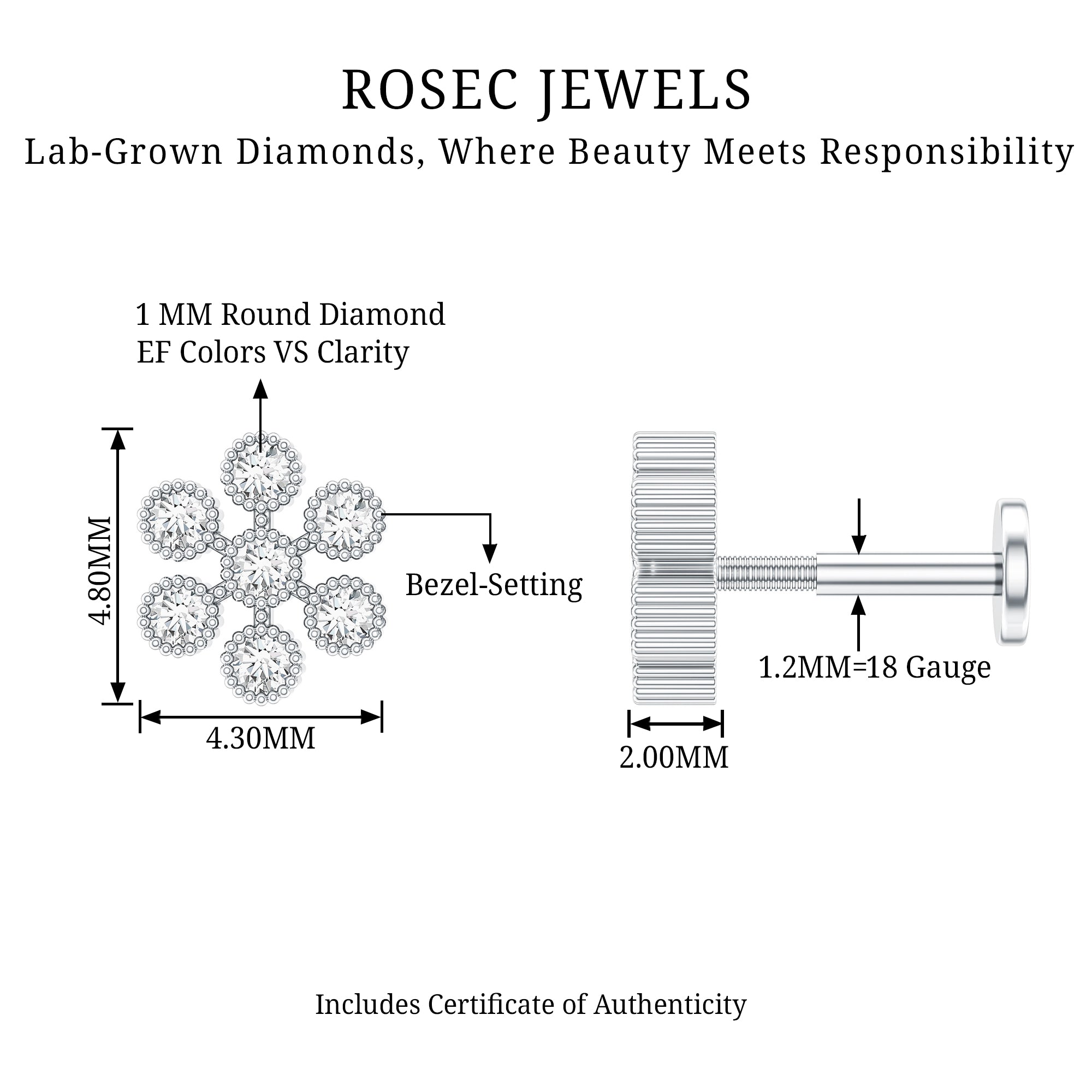 Round Diamond Flower Earring in Beaded Bezel Setting Lab - ( EF-VS ) - Rosec Jewels