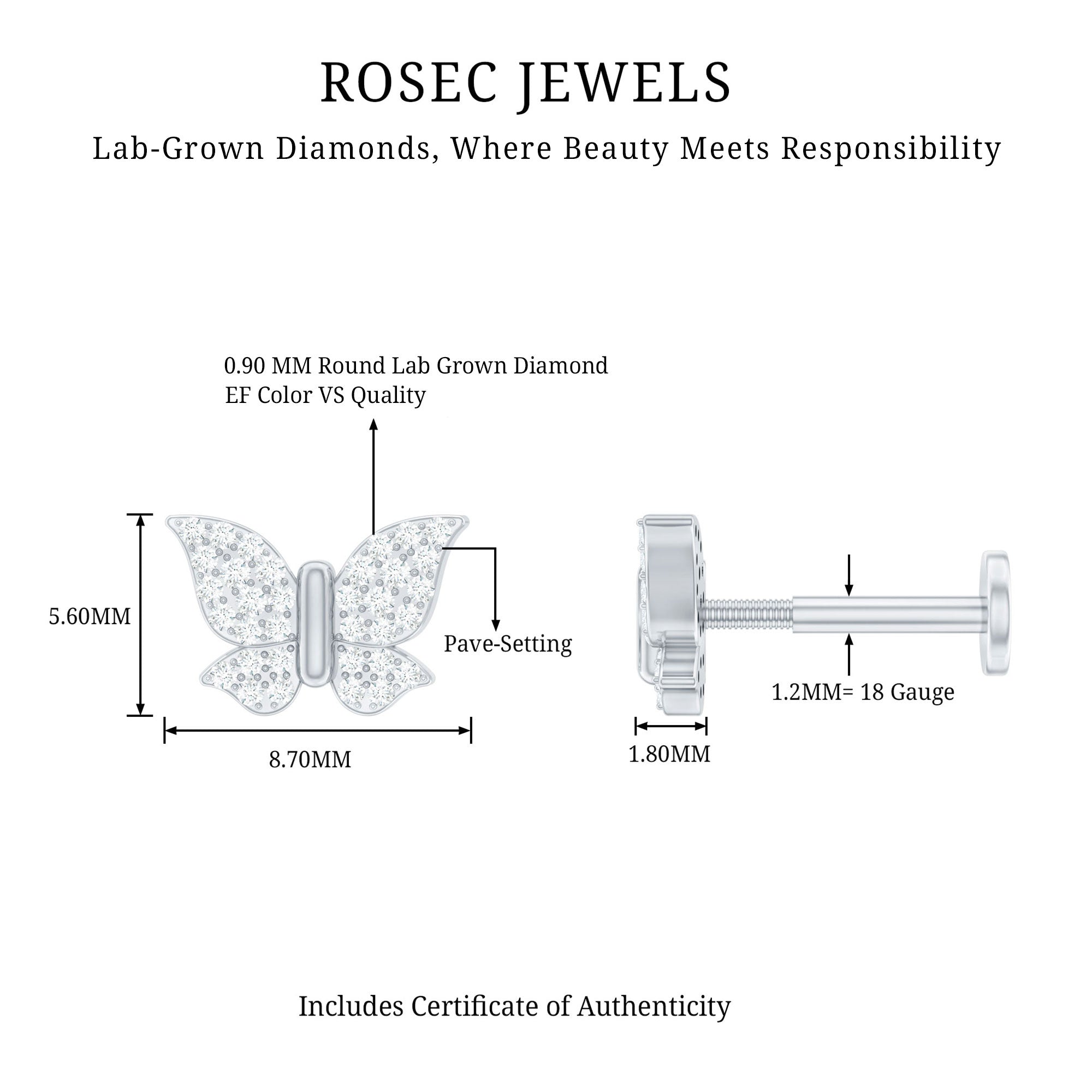 Certified Diamond Butterfly Cartilage Earring Lab - ( EF-VS ) - Rosec Jewels