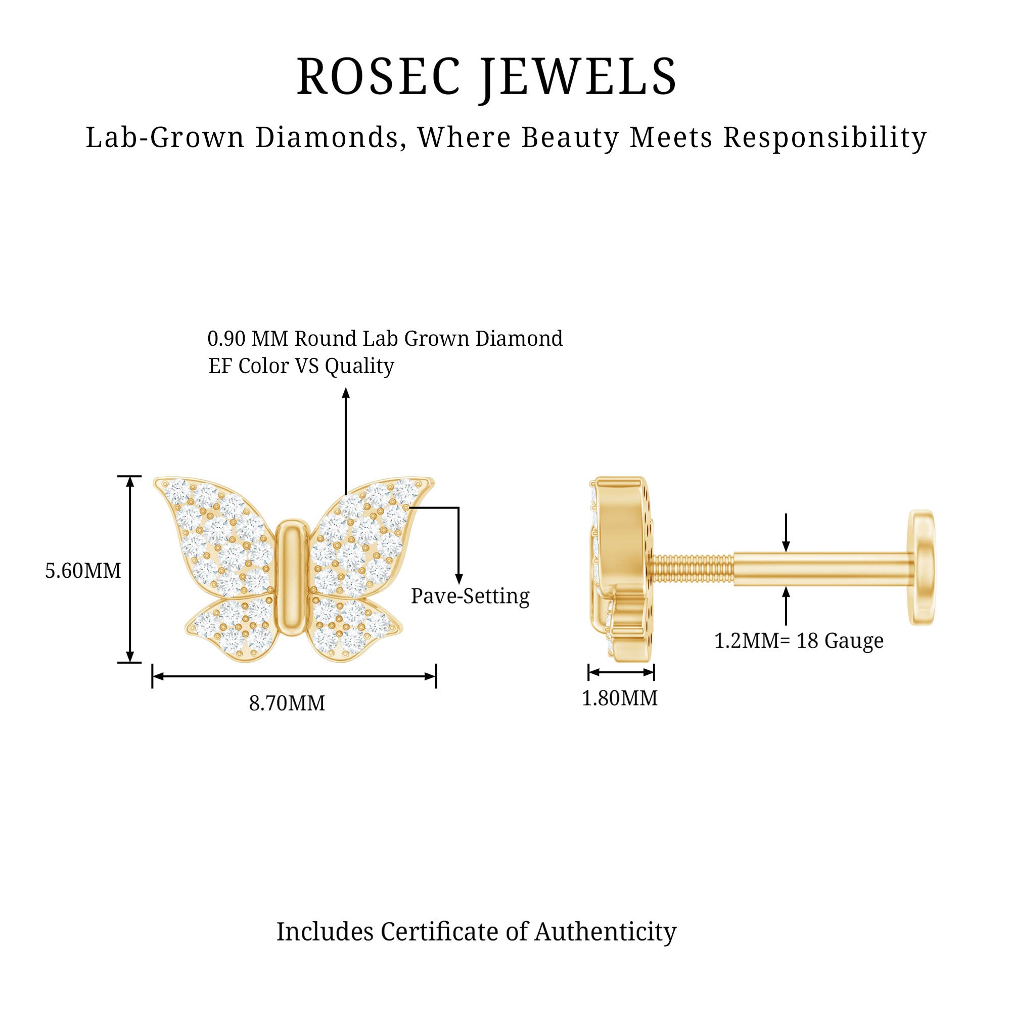 Certified Diamond Butterfly Cartilage Earring Lab - ( EF-VS ) - Rosec Jewels