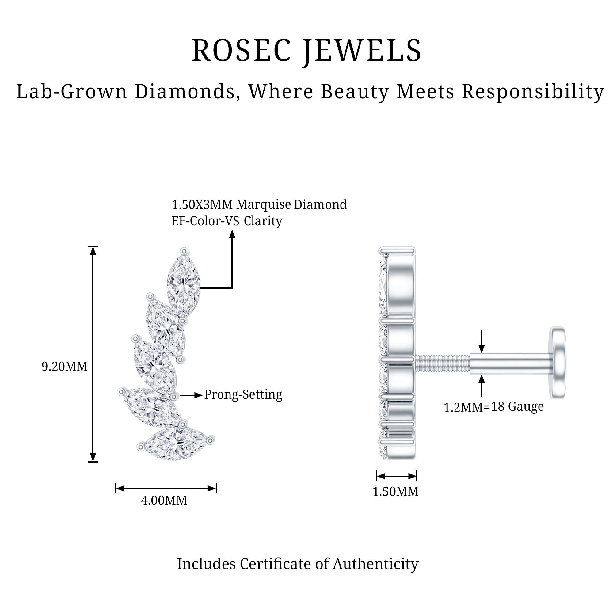 Marquise Diamond Crawler Earring for Helix Piercing Lab - ( EF-VS ) - Rosec Jewels