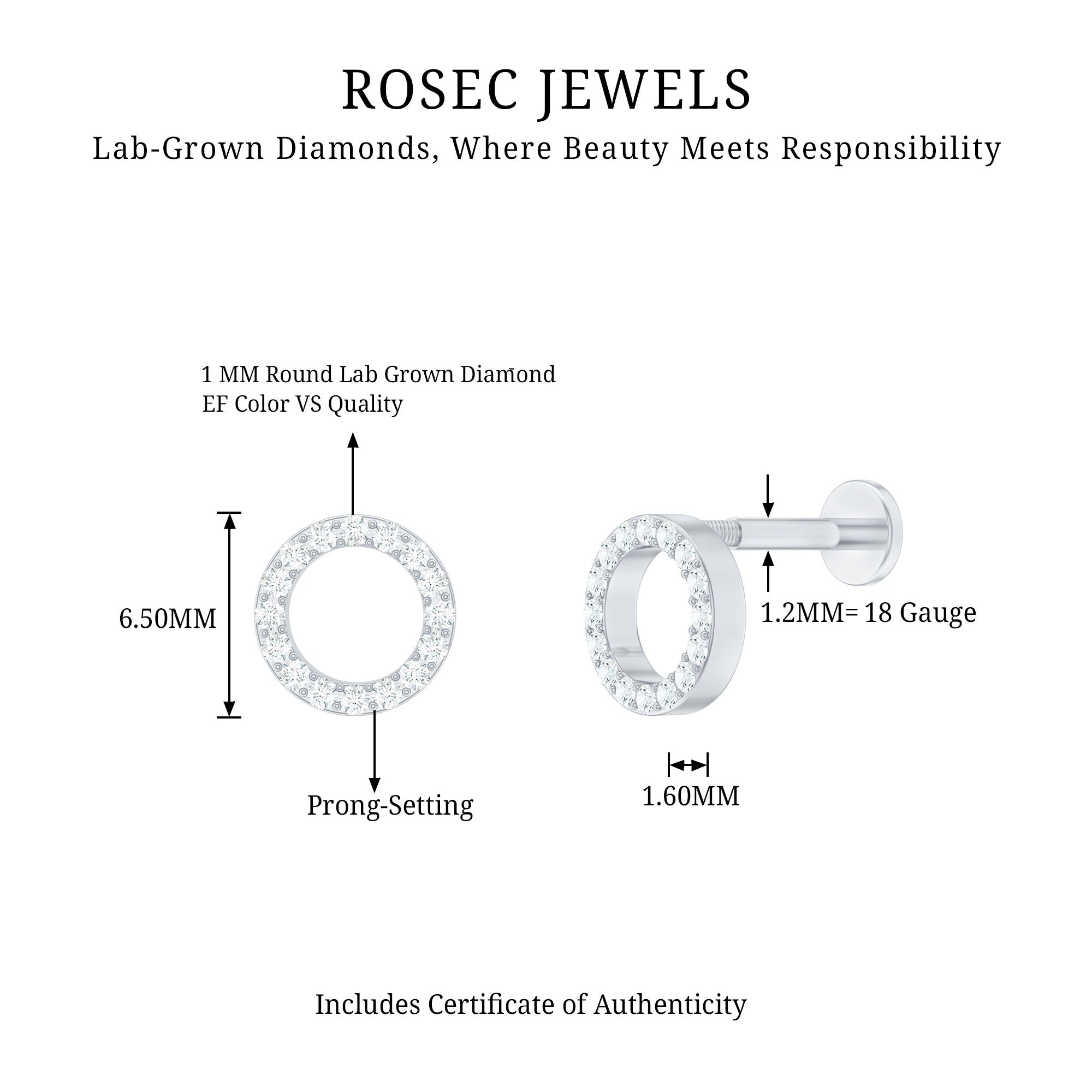 Brilliant Cut Diamond Circle Earring for Helix Piercing Lab - ( EF-VS ) - Rosec Jewels