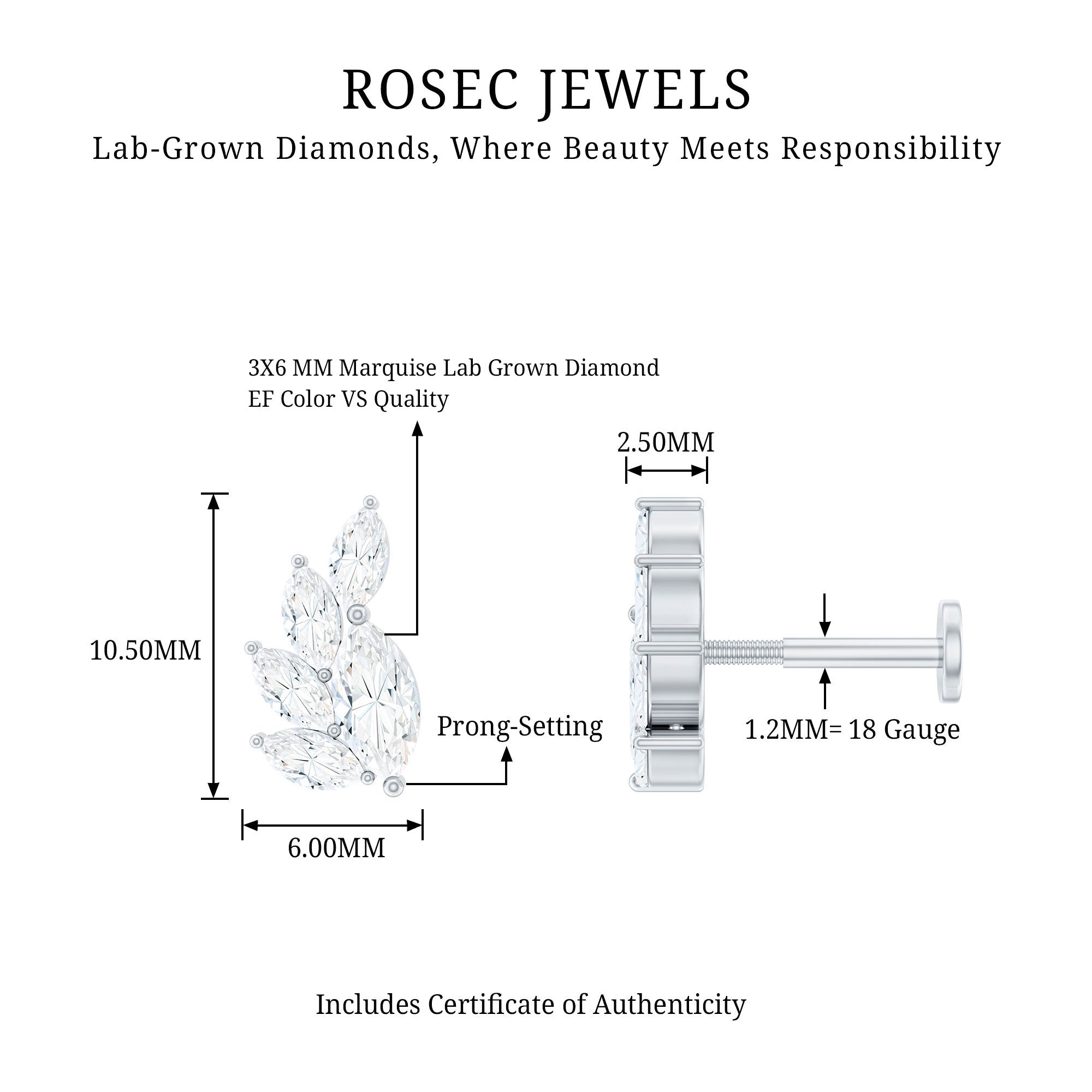 Marquise Diamond Cluster Helix Earring with Flat Back Lab - ( EF-VS ) - Rosec Jewels