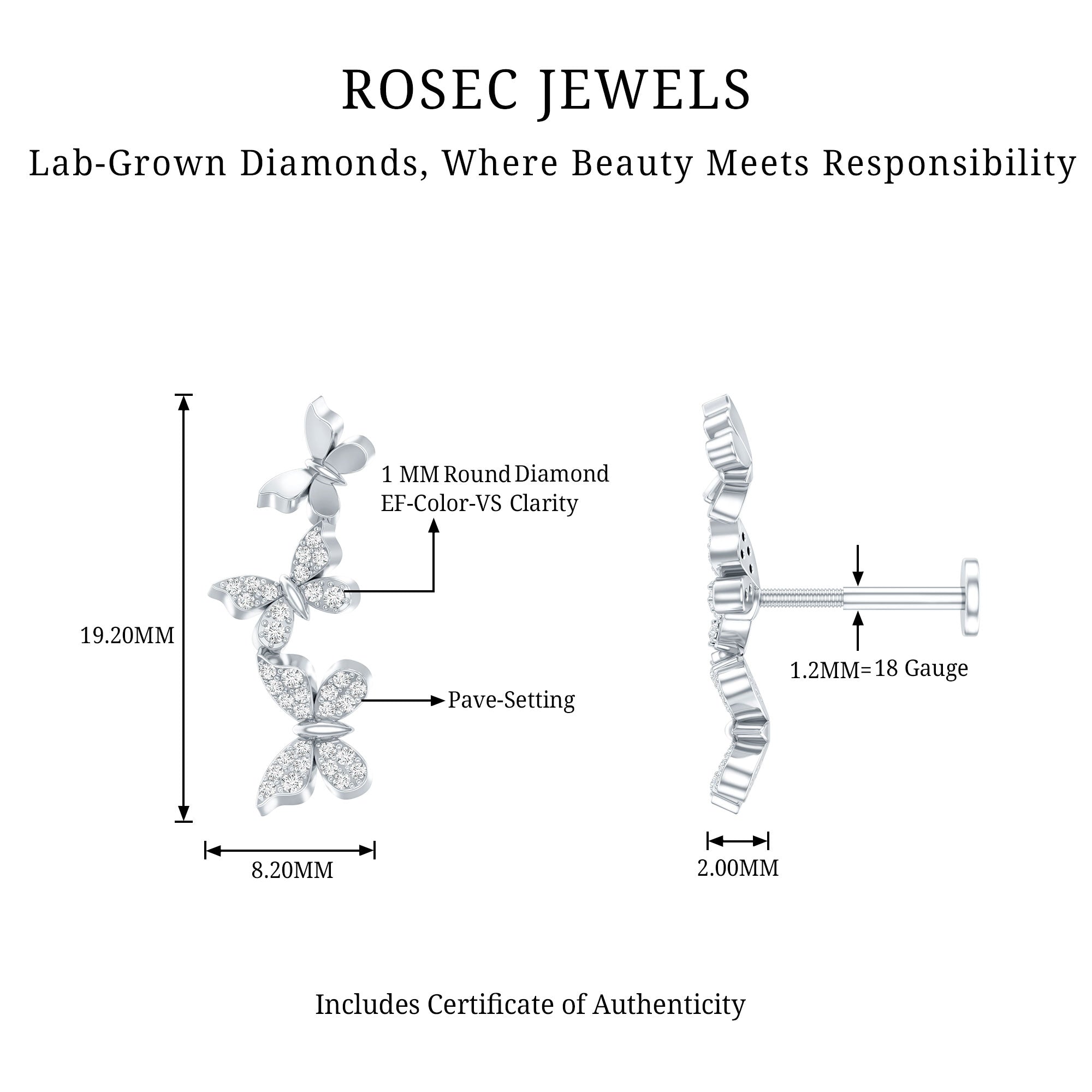 Diamond Butterfly Crawler Earring for Helix Piercing Lab - ( EF-VS ) - Rosec Jewels