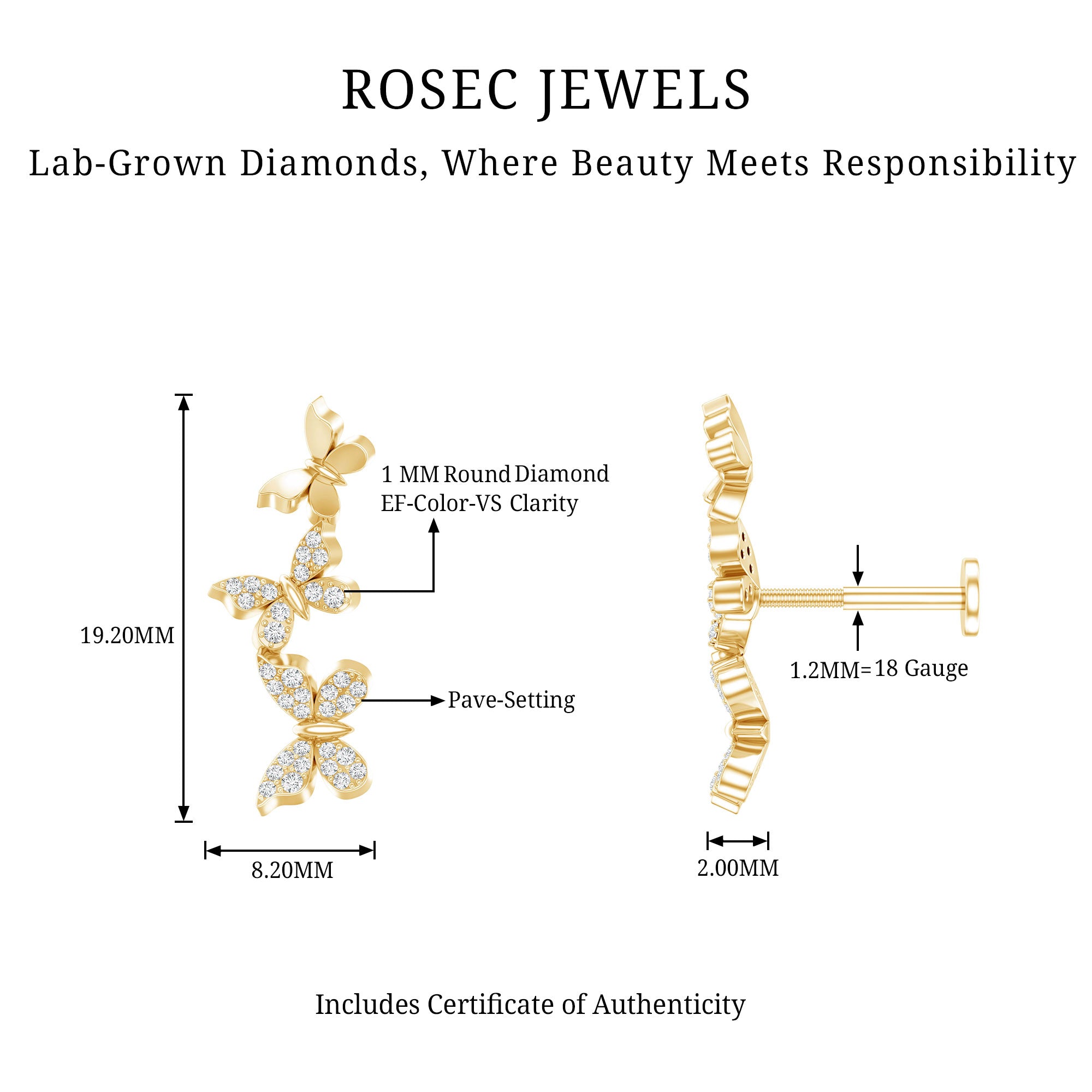 Diamond Butterfly Crawler Earring for Helix Piercing Lab - ( EF-VS ) - Rosec Jewels