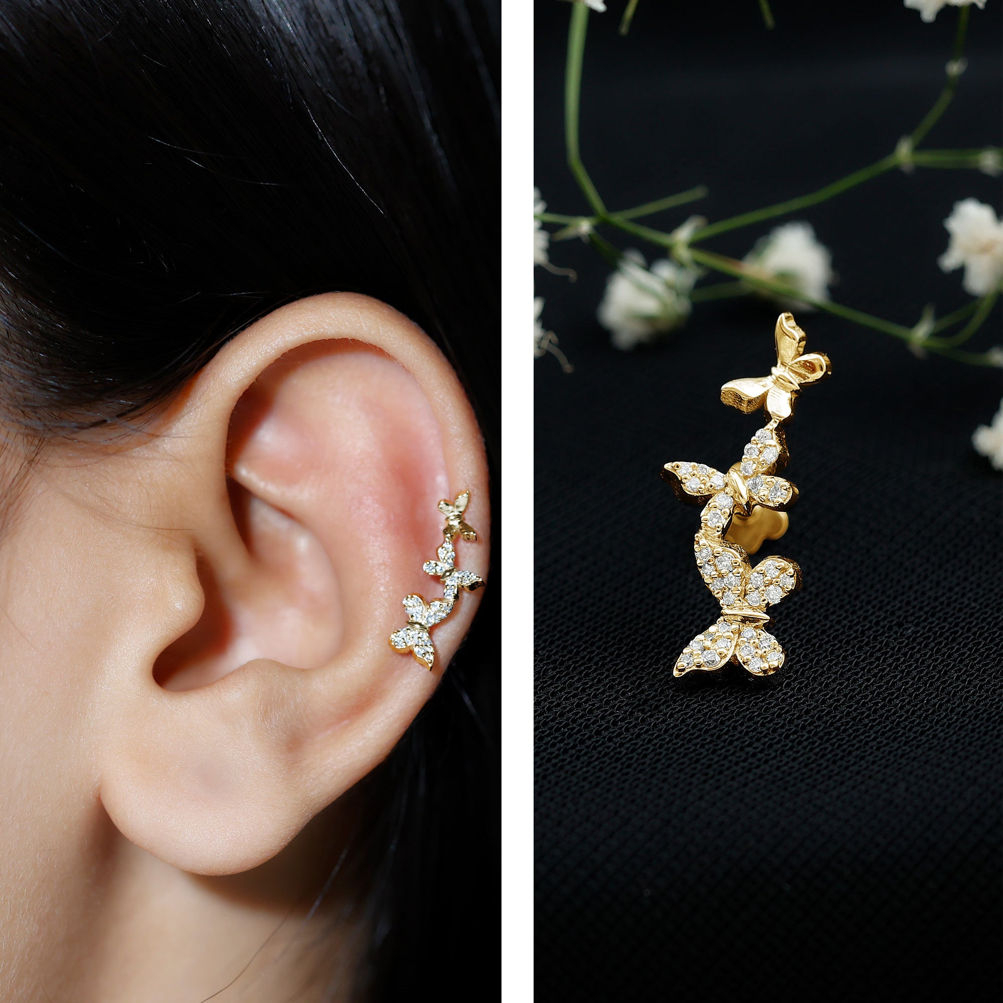 Diamond Butterfly Crawler Earring for Helix Piercing Lab - ( EF-VS ) - Rosec Jewels