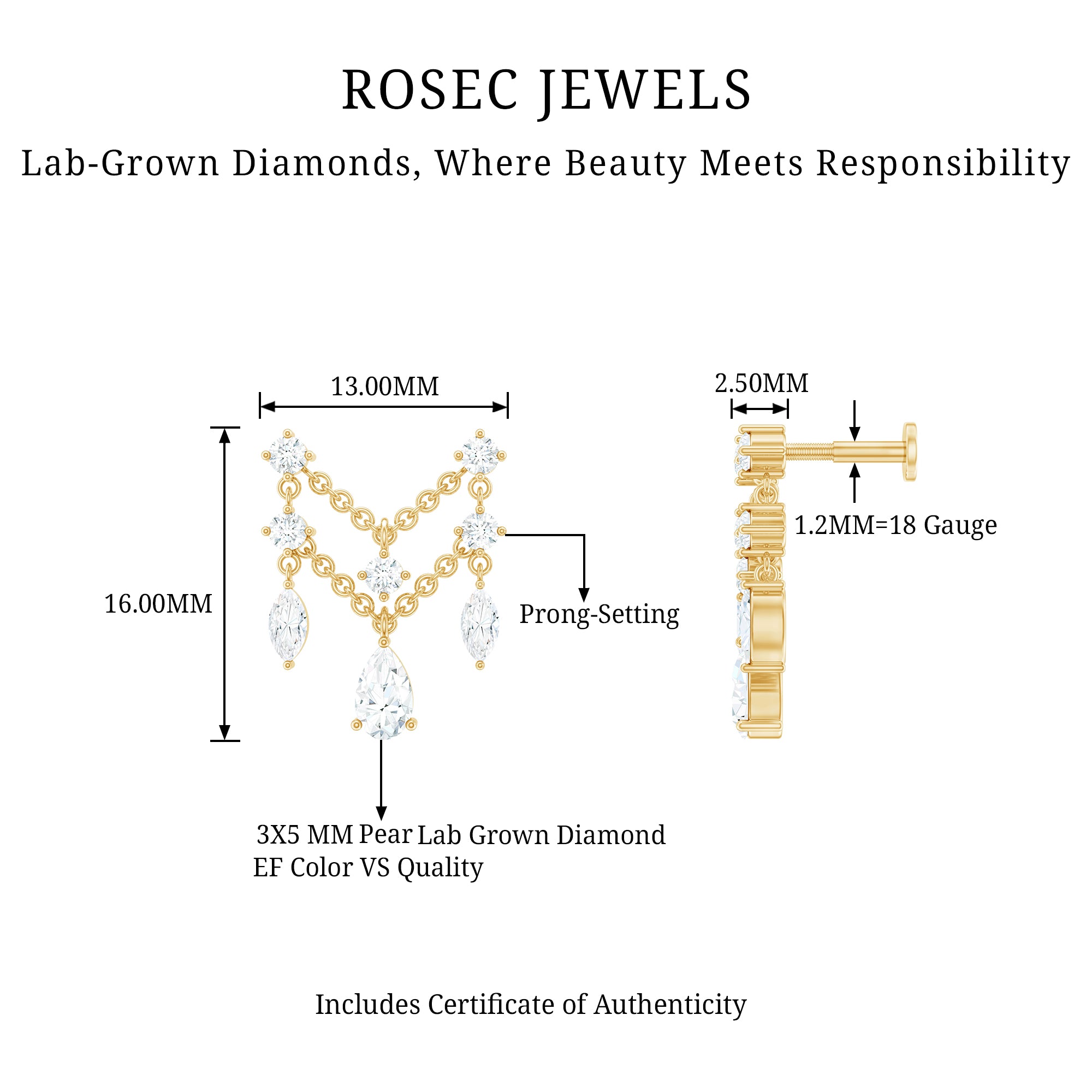 Brilliant Cut Diamond Double Chain Drop Earring for Cartilage Piercing Lab - ( EF-VS ) - Rosec Jewels