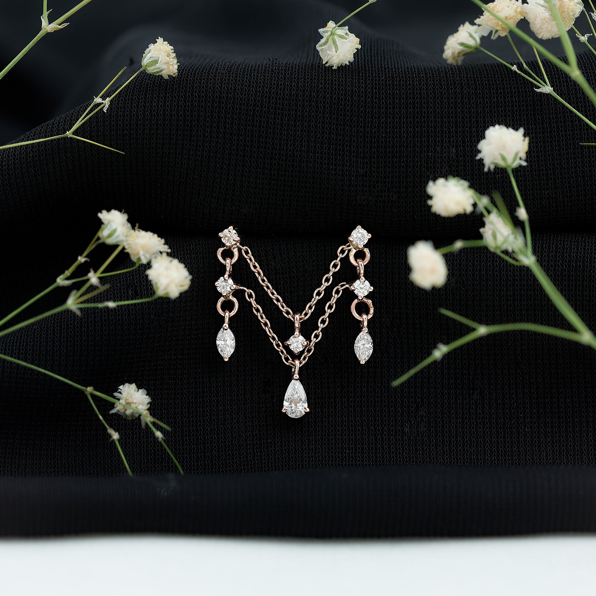 Brilliant Cut Diamond Double Chain Drop Earring for Cartilage Piercing Lab - ( EF-VS ) - Rosec Jewels
