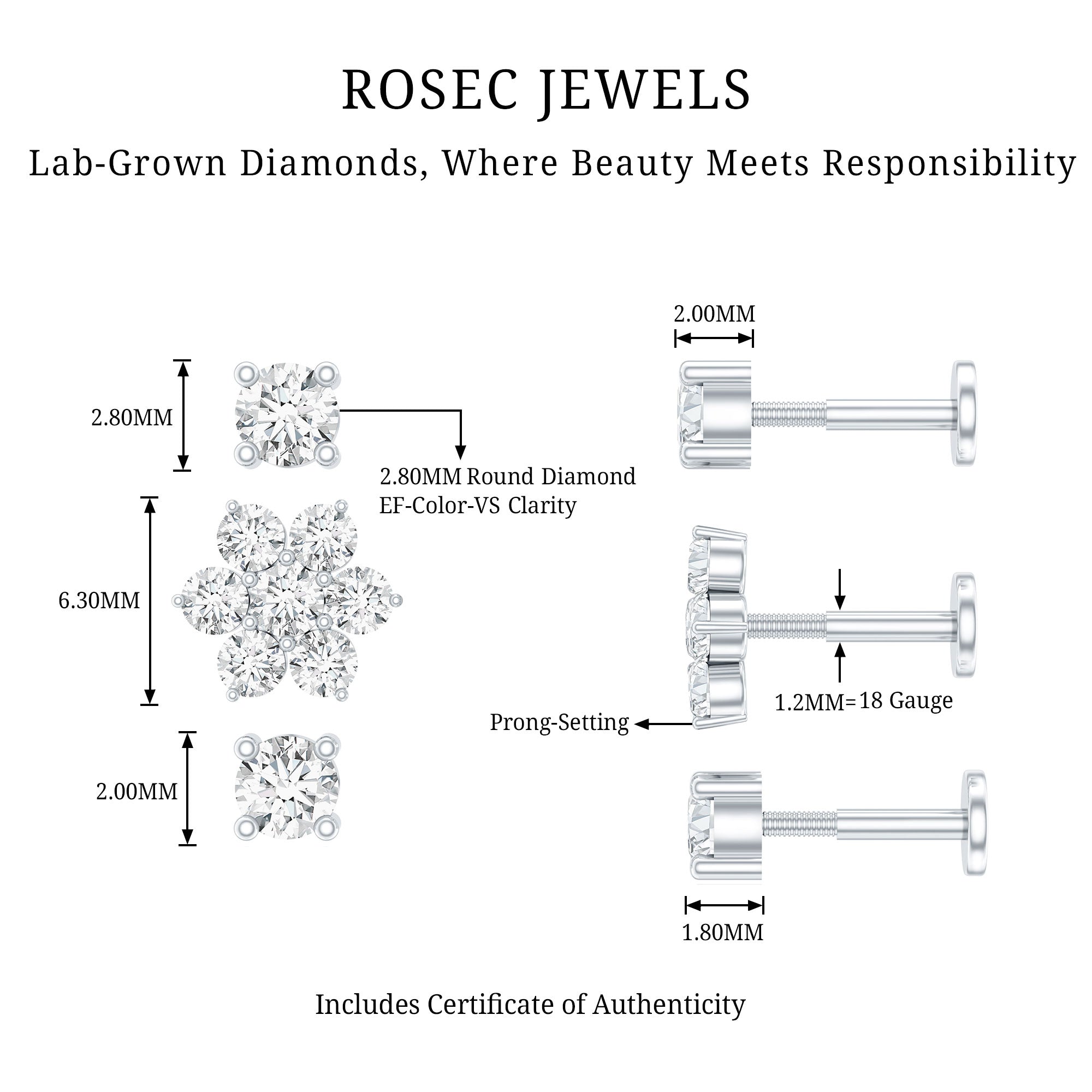 Certified Diamond Flower Helix Earring Set of 3 Lab - ( EF-VS ) - Rosec Jewels