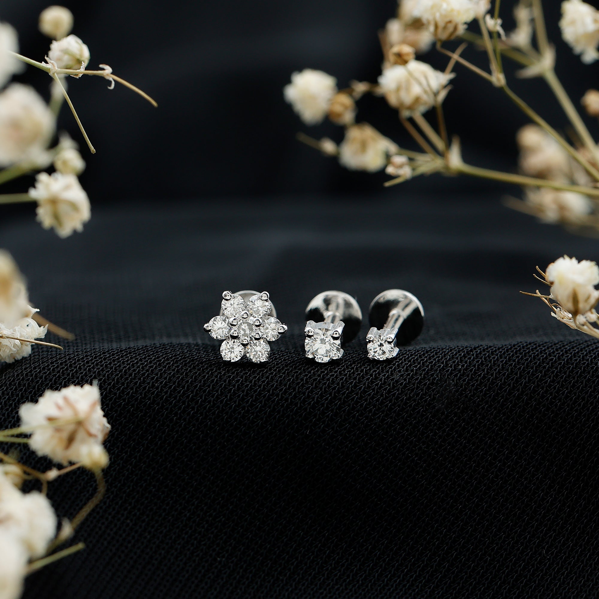 Certified Diamond Flower Helix Earring Set of 3 Lab - ( EF-VS ) - Rosec Jewels