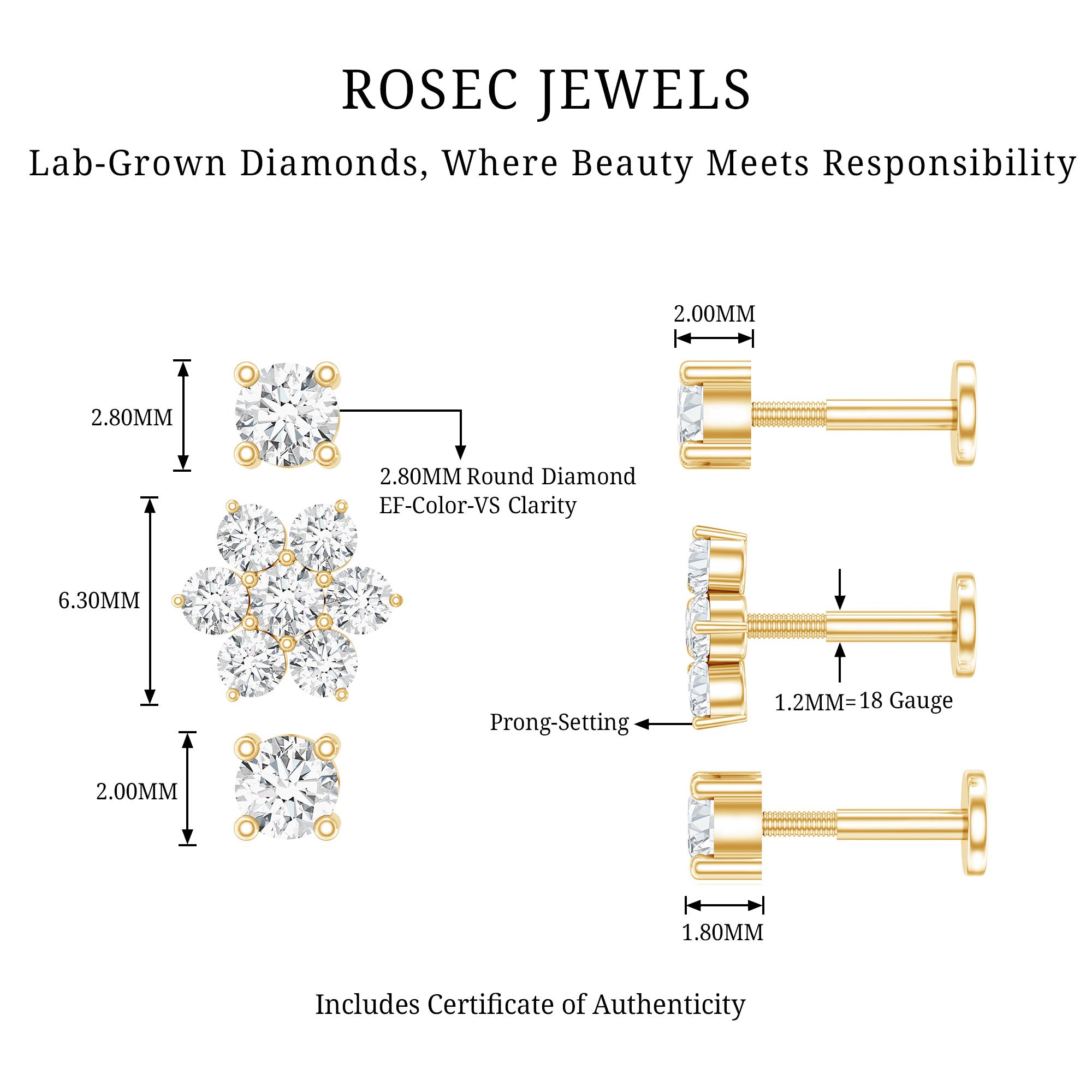 Certified Diamond Flower Helix Earring Set of 3 Lab - ( EF-VS ) - Rosec Jewels