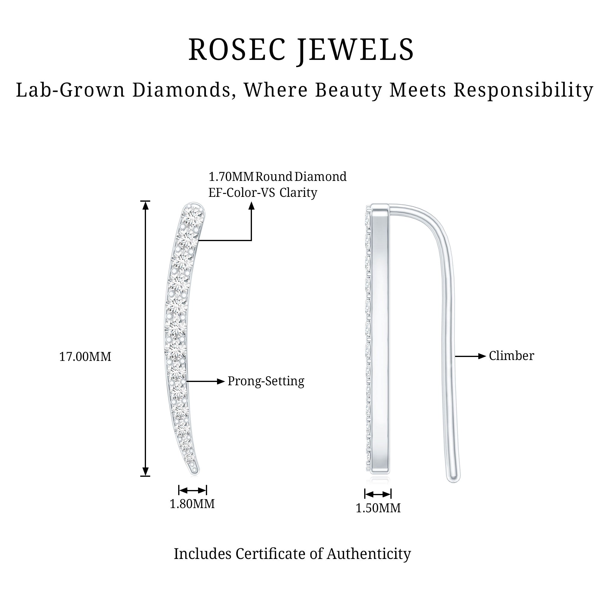 Graduated Style Diamond Climber Helix Earring Lab - ( EF-VS ) - Rosec Jewels