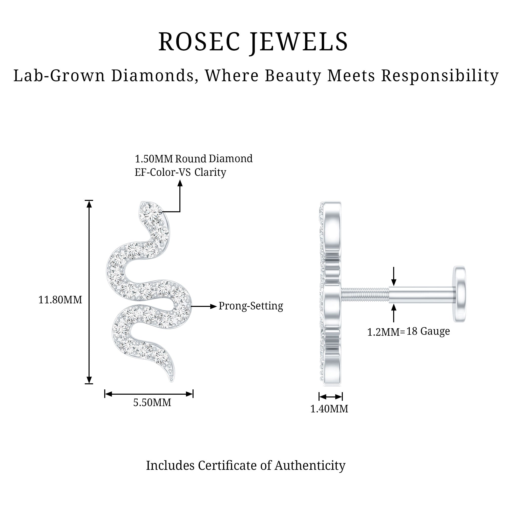Certified Diamond Snake Earring for Cartilage Piercing Lab - ( EF-VS ) - Rosec Jewels
