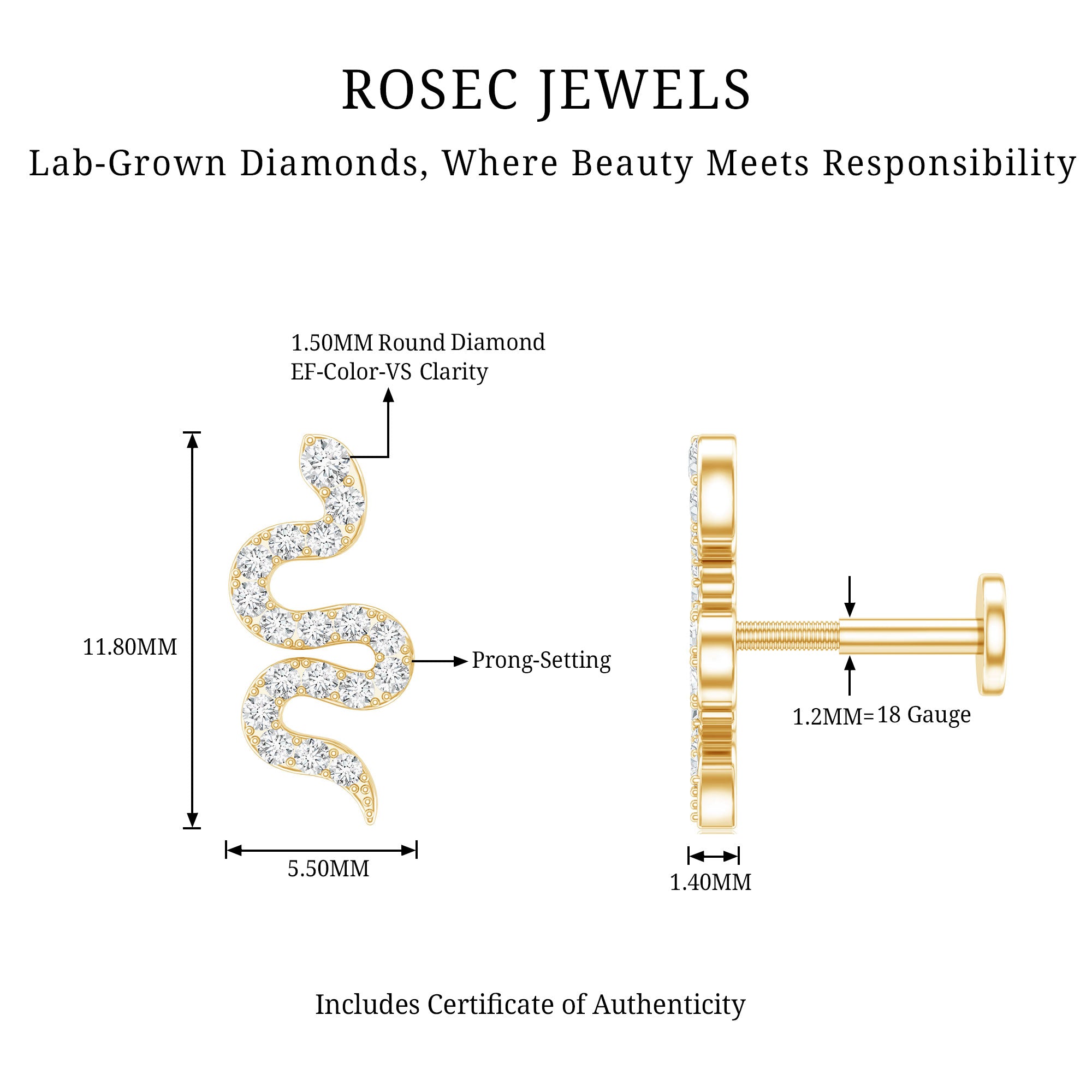Certified Diamond Snake Earring for Cartilage Piercing Lab - ( EF-VS ) - Rosec Jewels