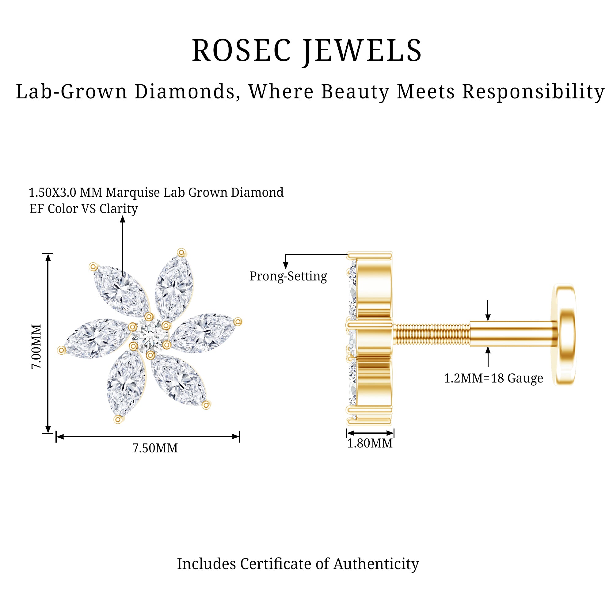 Sparkling Marquise Diamond Flower Helix Earring Lab - ( EF-VS ) - Rosec Jewels