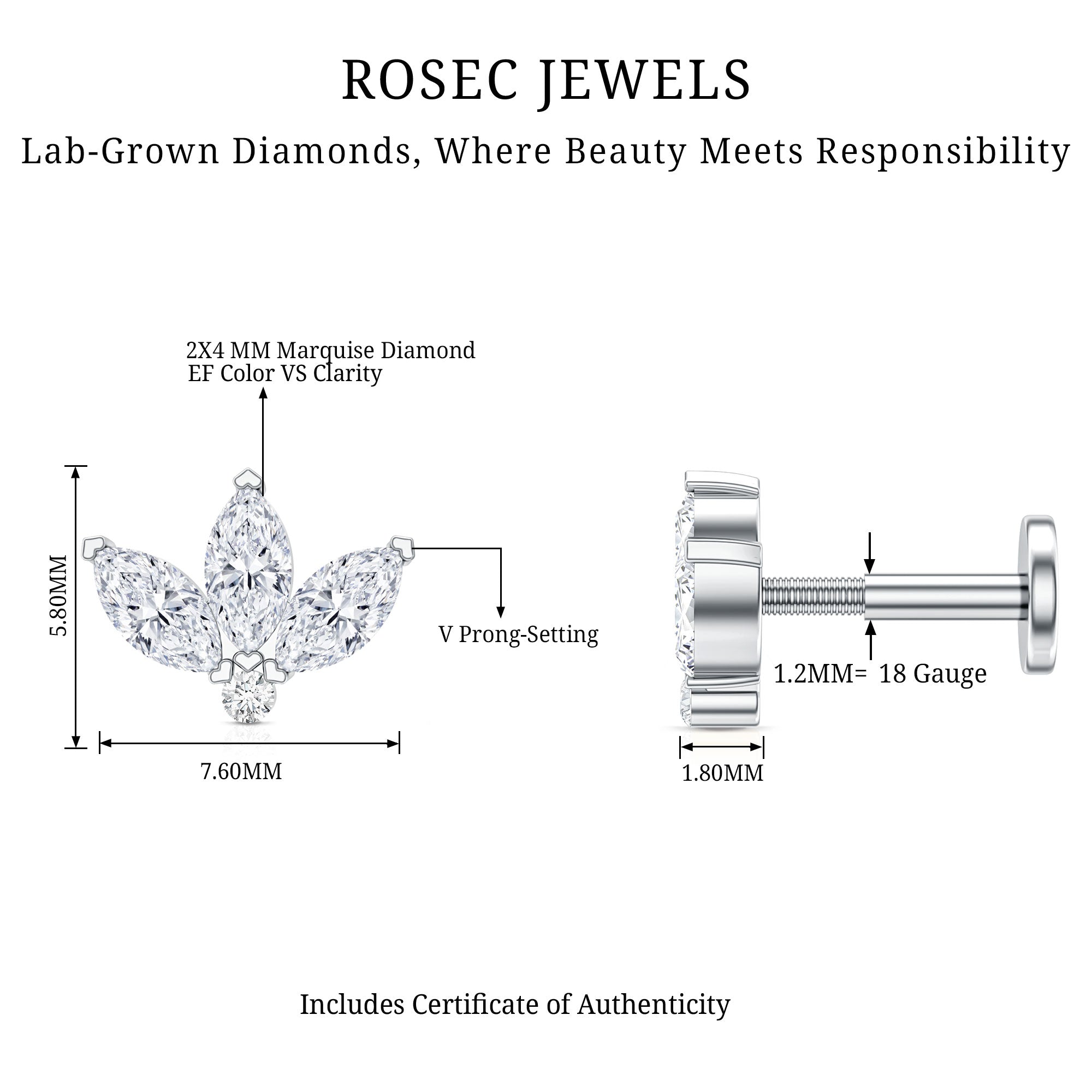 Marquise Cut Diamond Lotus Flower Earring for Cartilage Piercing Lab - ( EF-VS ) - Rosec Jewels