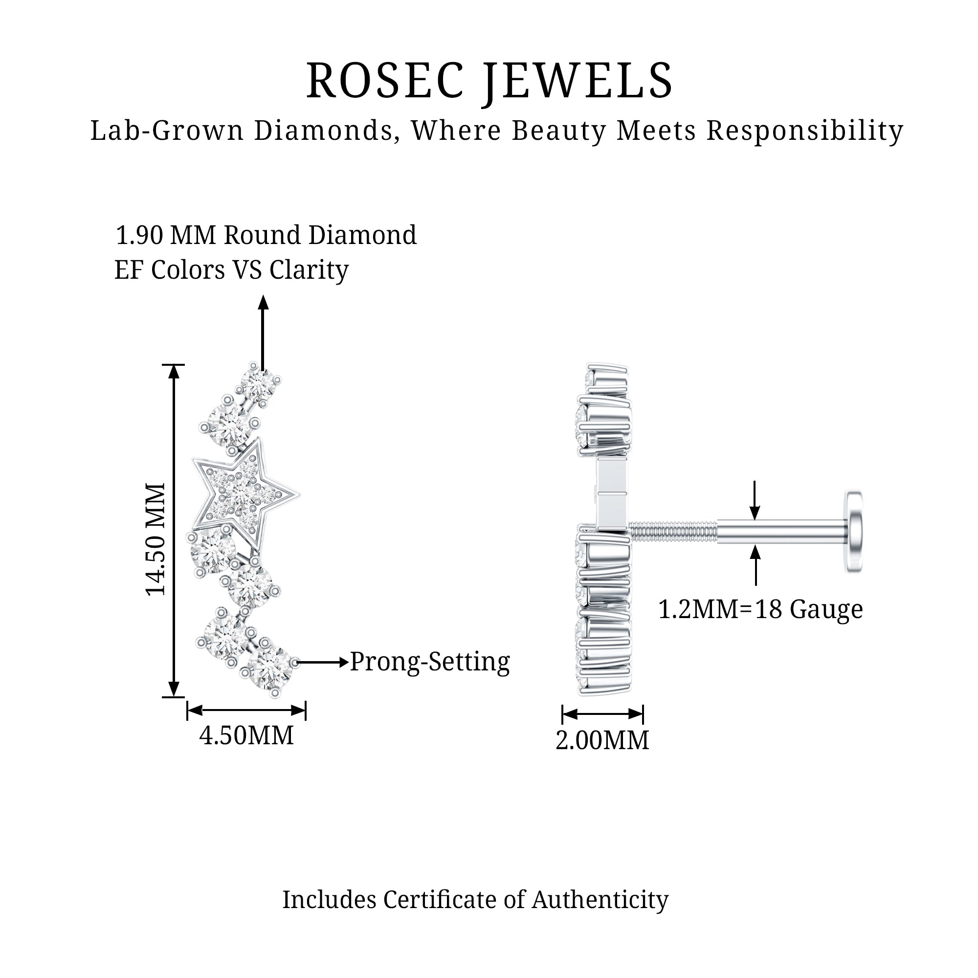 Unique Diamond Star Crawler Helix Earring Lab - ( EF-VS ) - Rosec Jewels
