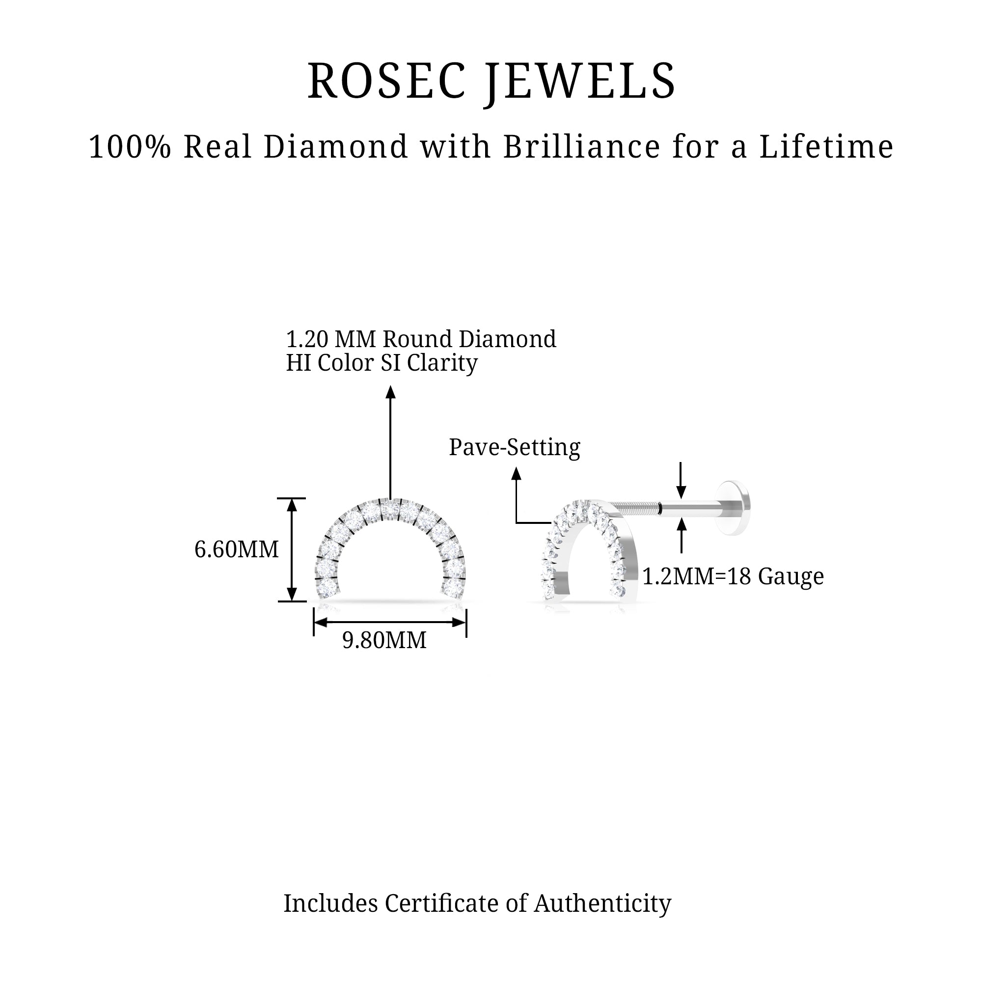 Certified Diamond Half Circle Earring for Piercing Lab - ( EF-VS ) - Rosec Jewels