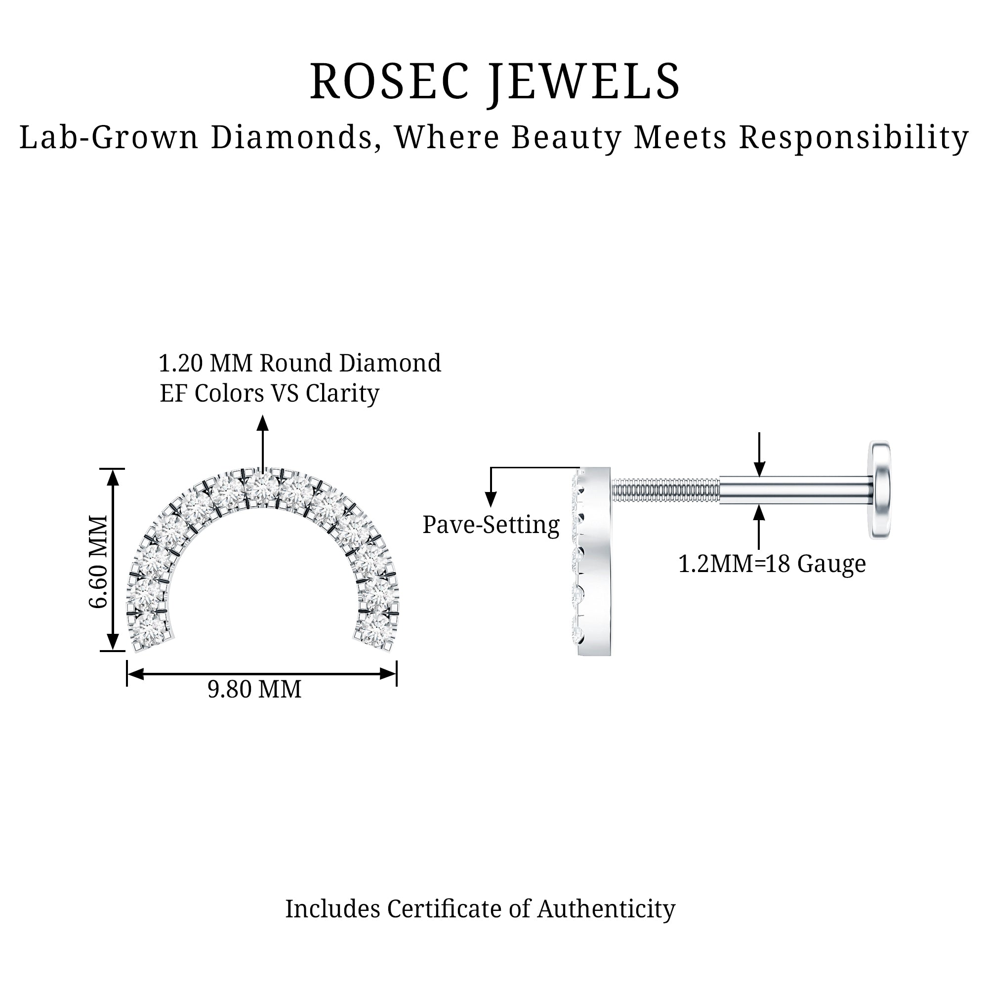 Certified Diamond Half Circle Earring for Piercing Lab - ( EF-VS ) - Rosec Jewels