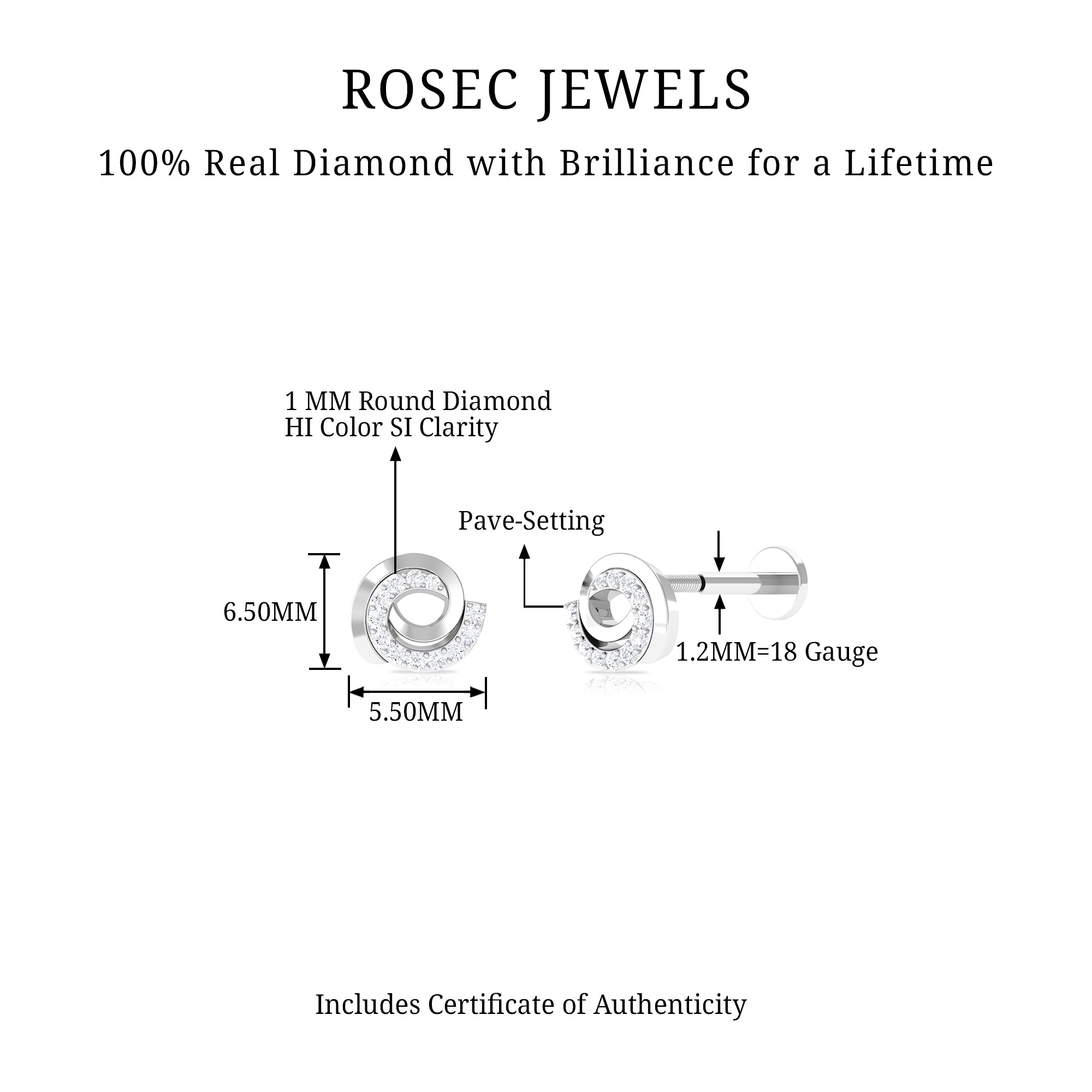 Certified Diamond Spiral Earring for Cartilage Piercing Lab - ( EF-VS ) - Rosec Jewels