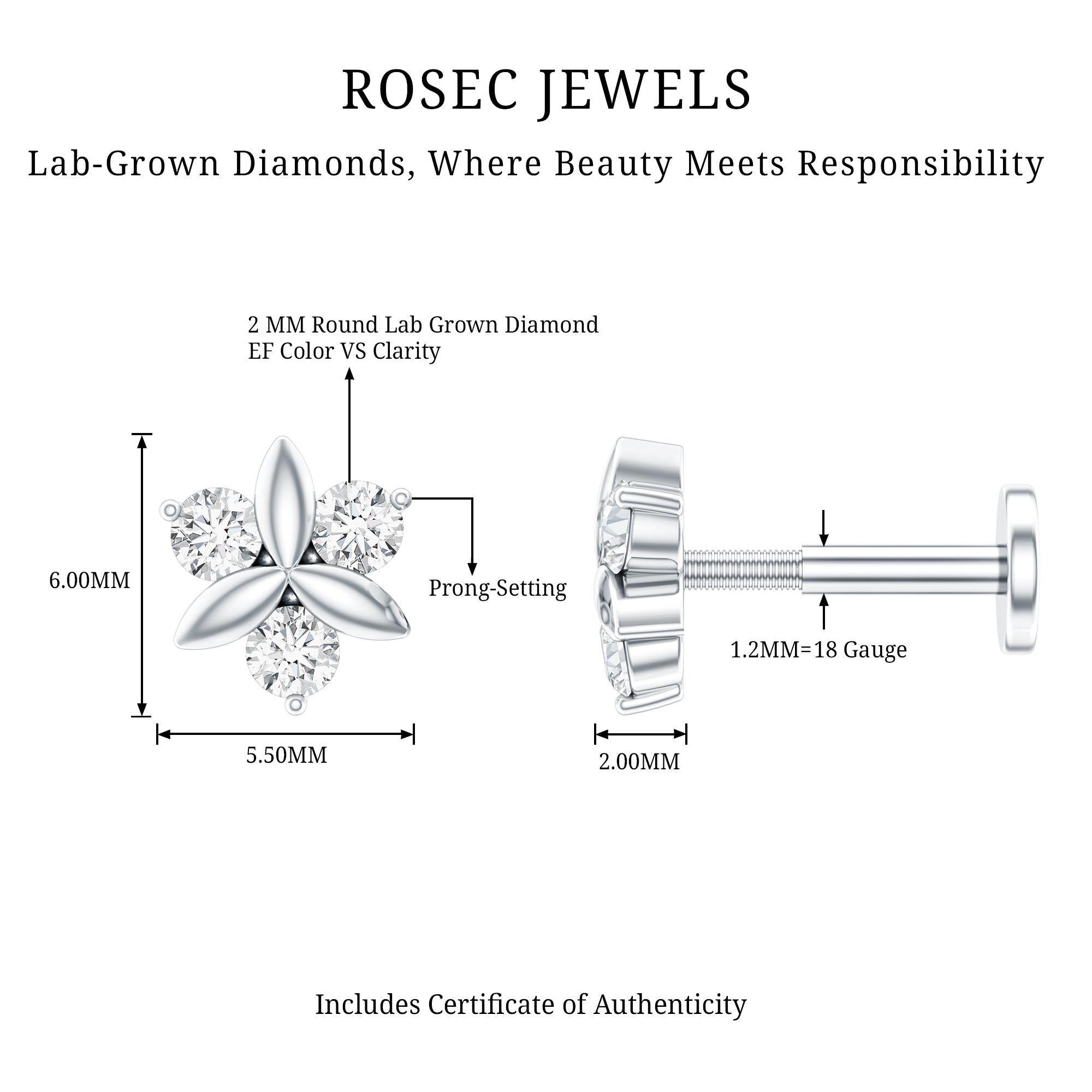 Brilliant Cut Diamond Floral Earring for Conch Piercing Lab - ( EF-VS ) - Rosec Jewels