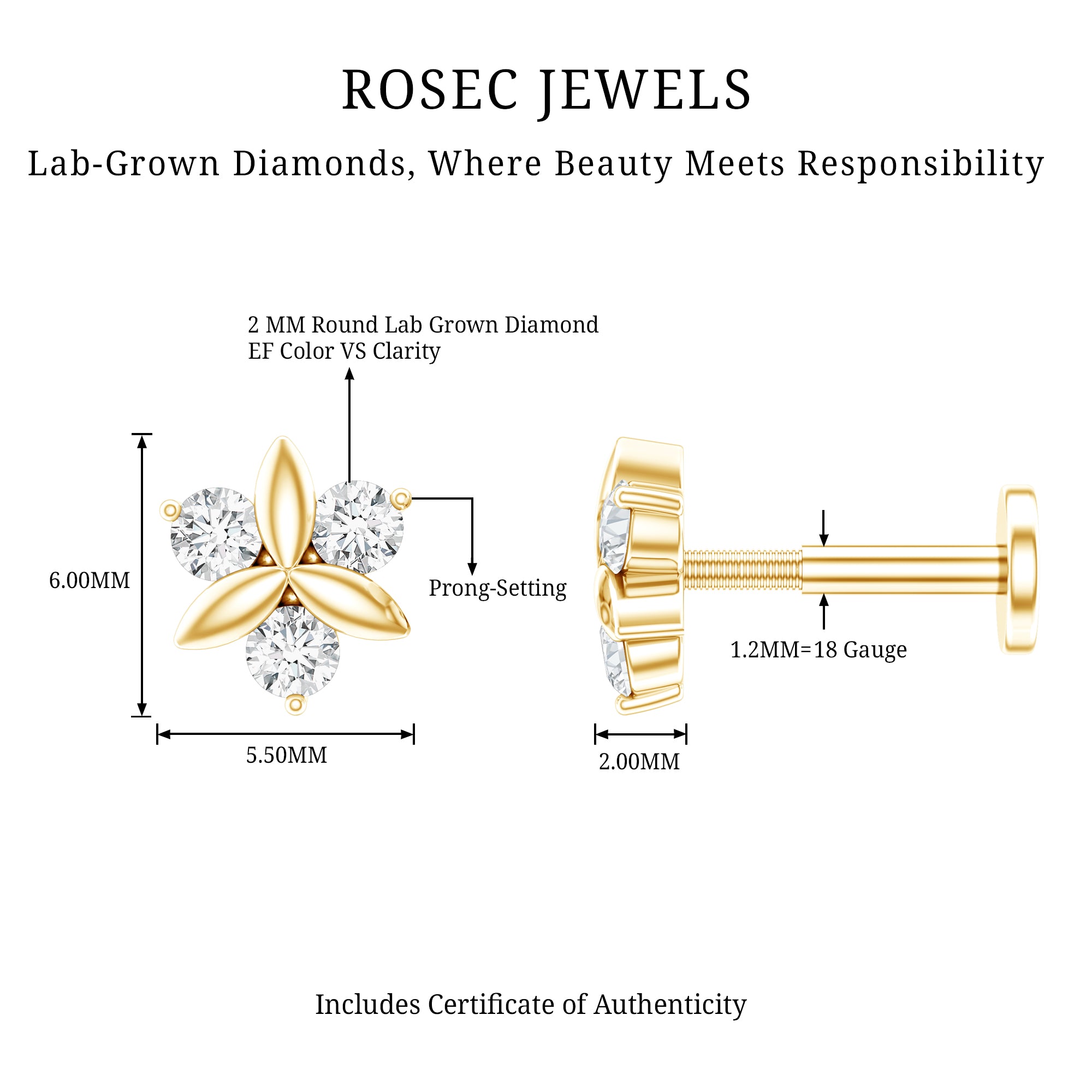 Brilliant Cut Diamond Floral Earring for Conch Piercing Lab - ( EF-VS ) - Rosec Jewels
