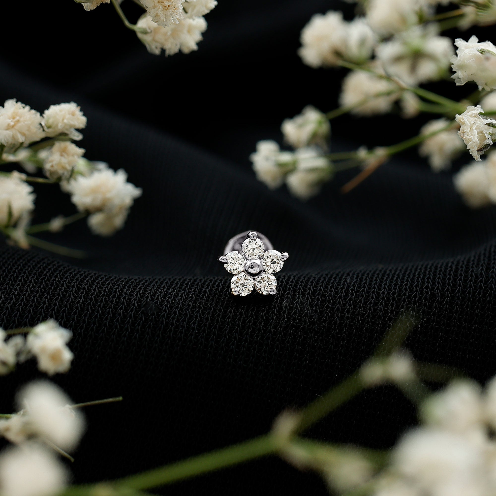 Minimalist Diamond Flower Tragus Earring with Flat Back Lab - ( EF-VS ) - Rosec Jewels