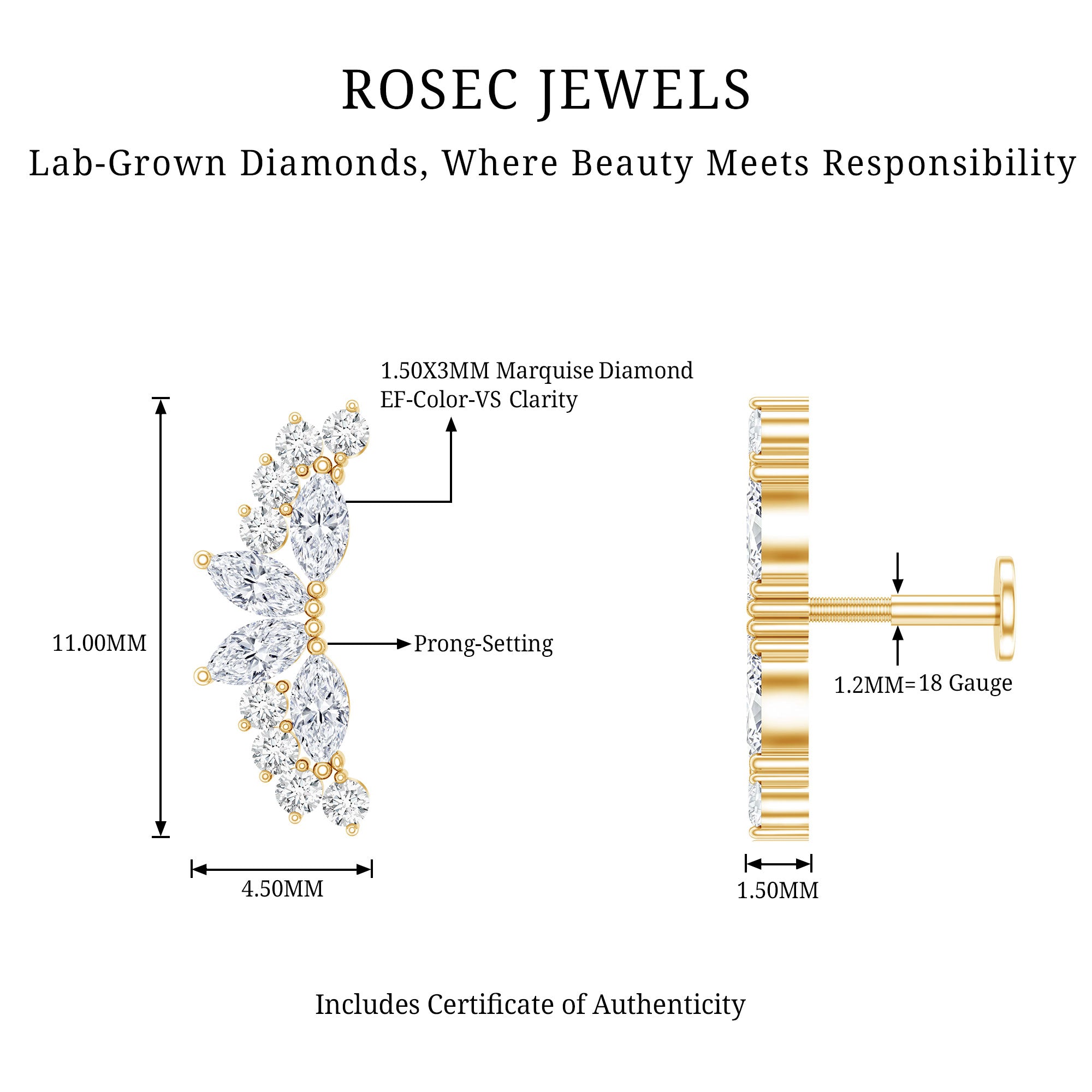 Unique Diamond Crawler Earring for Cartilage Piercing Lab - ( EF-VS ) - Rosec Jewels