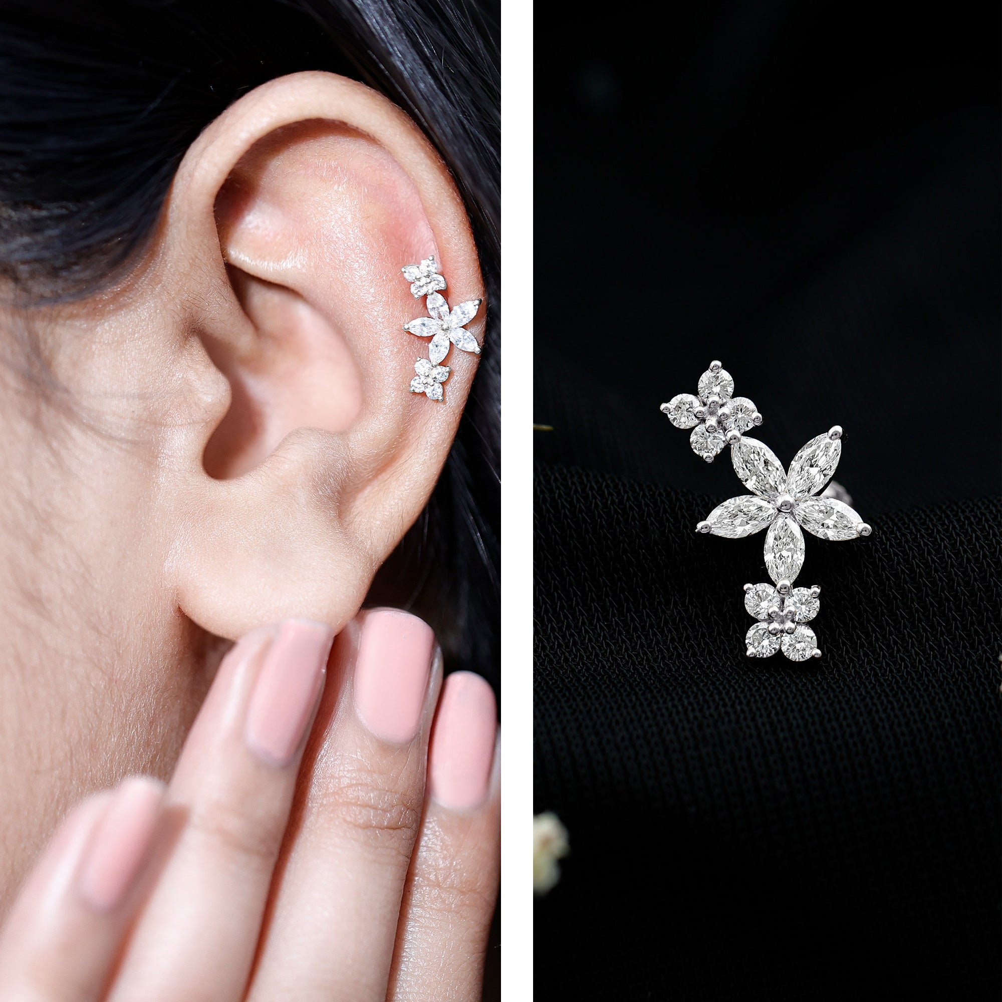 Cartilage Flower Crawler Earring with Diamond Lab - ( EF-VS ) - Rosec Jewels